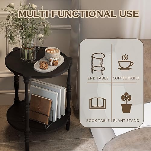 Miniatura 4 de Accent - Mesa auxiliar de madera, mesa de noche redonda de 2 niveles, mesa auxiliar natural para familia, dormitorio, sala de estar, acabado