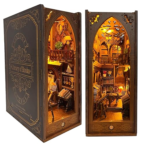 CRIOLPO Book Nook Kit, DIY Dollhouse Booknook, Book Nook Miniature Kit for Bookshelf Insert Decor Crafts for Adults Teens, 3D Wooden Puzzle Bookends with Sensor Led Light (Library of Books) - Library of books