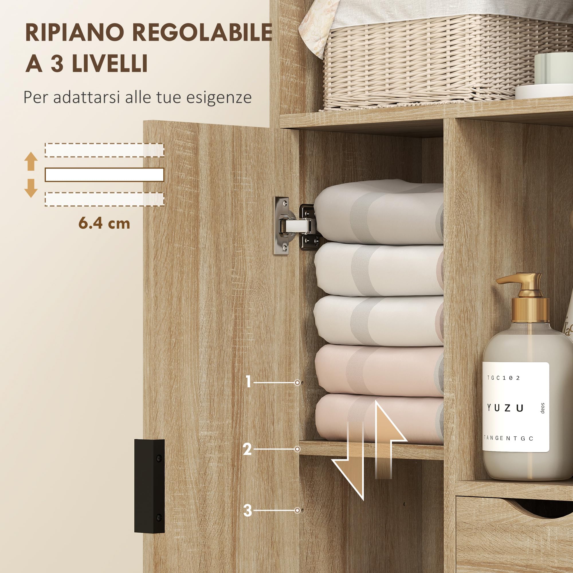 HOMCOM Mobiletto Bagno Salvaspazio Slim, Mobile Bagno con 2 Cassetti, Ripiani Regolabili a 3 Livelli e Armadietto, Stile Nordico, 50x25x100 cm, Legno Naturale