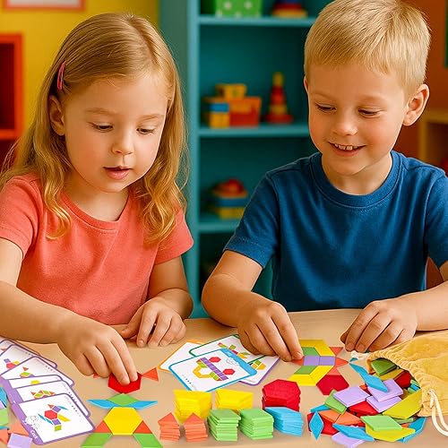 Miniatura 2 de LovesTown 209 piezas de bloques de madera con formas para niños, geométricos con tarjetas de actividades y bolsa de almacenamiento, rompecabezas