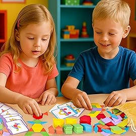 LovesTown 209 PCS Shapes Wooden Pattern Blocks for Kids,Geometric with Activity Cards and Storage Bag, Educational Tangram Puzzles,Great Learning Gift from Parents or Teachers