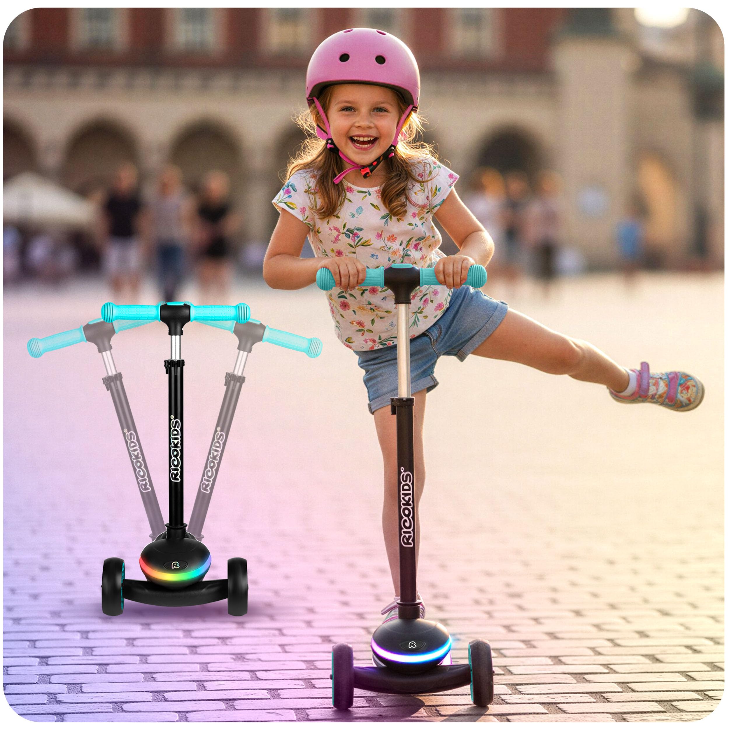 Ricokids Hulajnoga trójkołowa dla dzieci od 3 lat - Składana hulajnoga balansowa LED ze świecącym podestem - 20 trybów światła - 3-stopniowa regulacja kierownicy - Leddi Czarna, niebieska
