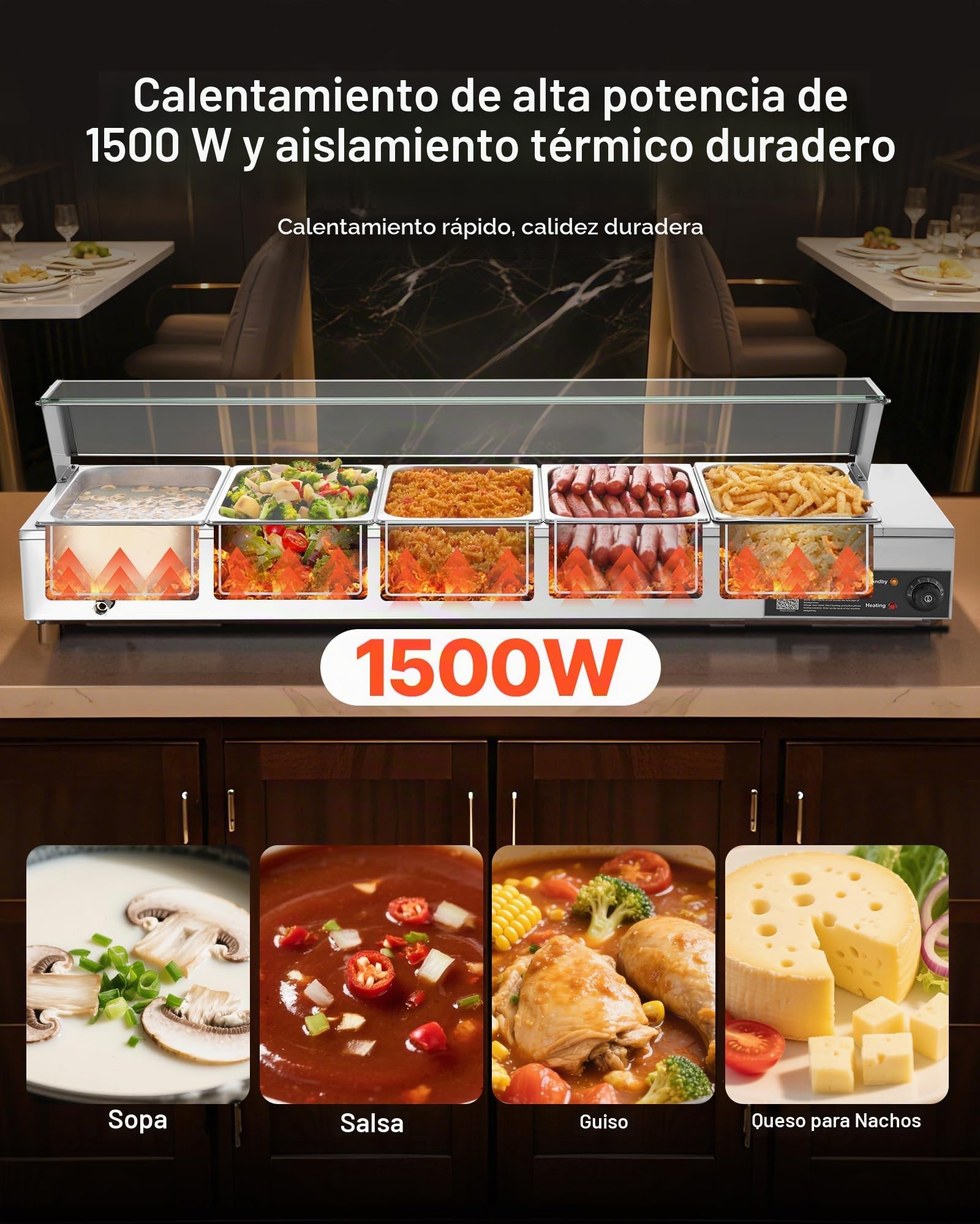 VEVOR Calentador de Alimentos Eléctrica, con Tapa de Vidrio y 5 Recipientes, 1,5 kW, de Acero Inoxidable, con Baño María, para Restaurantes, Fiestas y Bufés, 30-85 ℃, 1450 x 365 x 335 mm, Plata