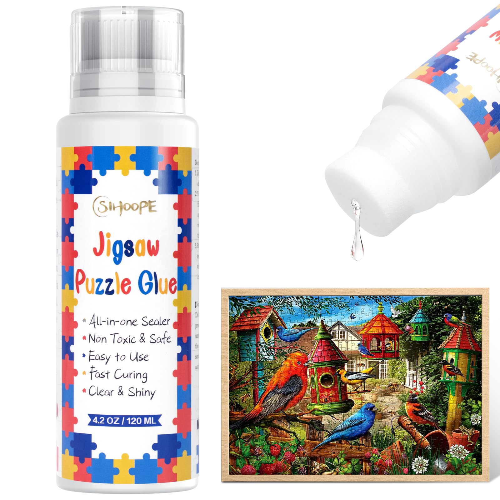 Jigsaw Puzzle Glue Clear with Sponge Head Applicator - 120ML Water-Soluble Special Craft Puzzle Glue Puzzle Saver Suitable for 1000/1500/3000 Pieces of Puzzle for Paper and Wood, 4.2 OZ