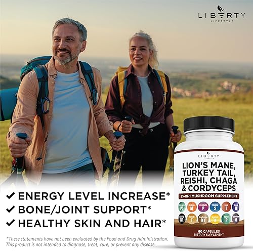 Miniatura 6 de Suplemento de hongo de melena de león con cola de pavo Reishi Cordyceps Chaga con raíz de malvavisco, paquete de 2
