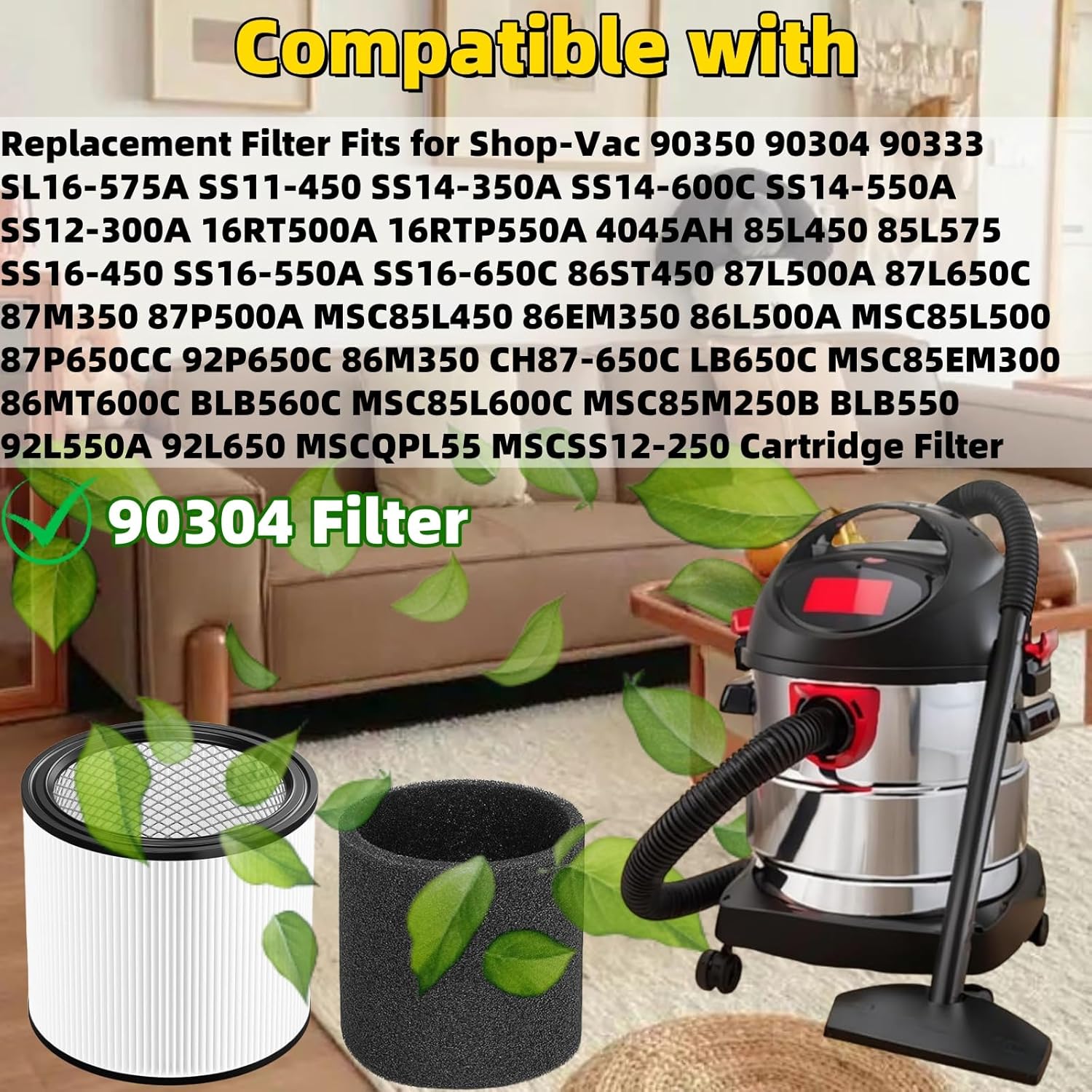 2Pcs 90304 Replacement Filter Compatible with Shop-Vac 90585 90333 90350 5 Gallon Up Dry/Wet Vacuum Cleaners with 4 Foam Sleeve Filters and 2 lids