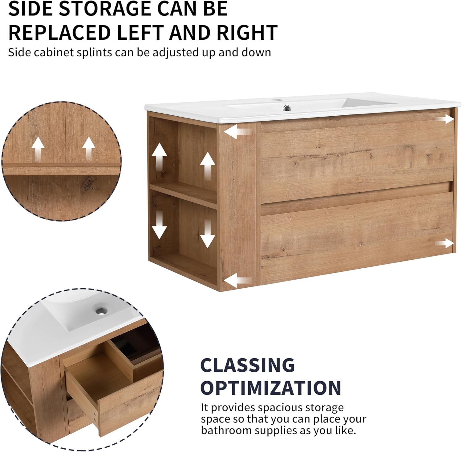 36inch Floating Bathroom Vanity with White Ceramic Sink, Modern Wall Mounted Bathroom Vanity Cabinet with 2 Soft Close Drawers & Open Storage Shelf, Wide Bathroom Vanity with Sink Combo Set,Oak