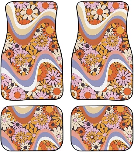 Miniatura 36 de Coloranimal Alfombrillas abstractas hippie para automóvil, 4 piezas, retro, años 60, 70, Groovy Daisy Hippy, alfombrillas universales para la Patrón