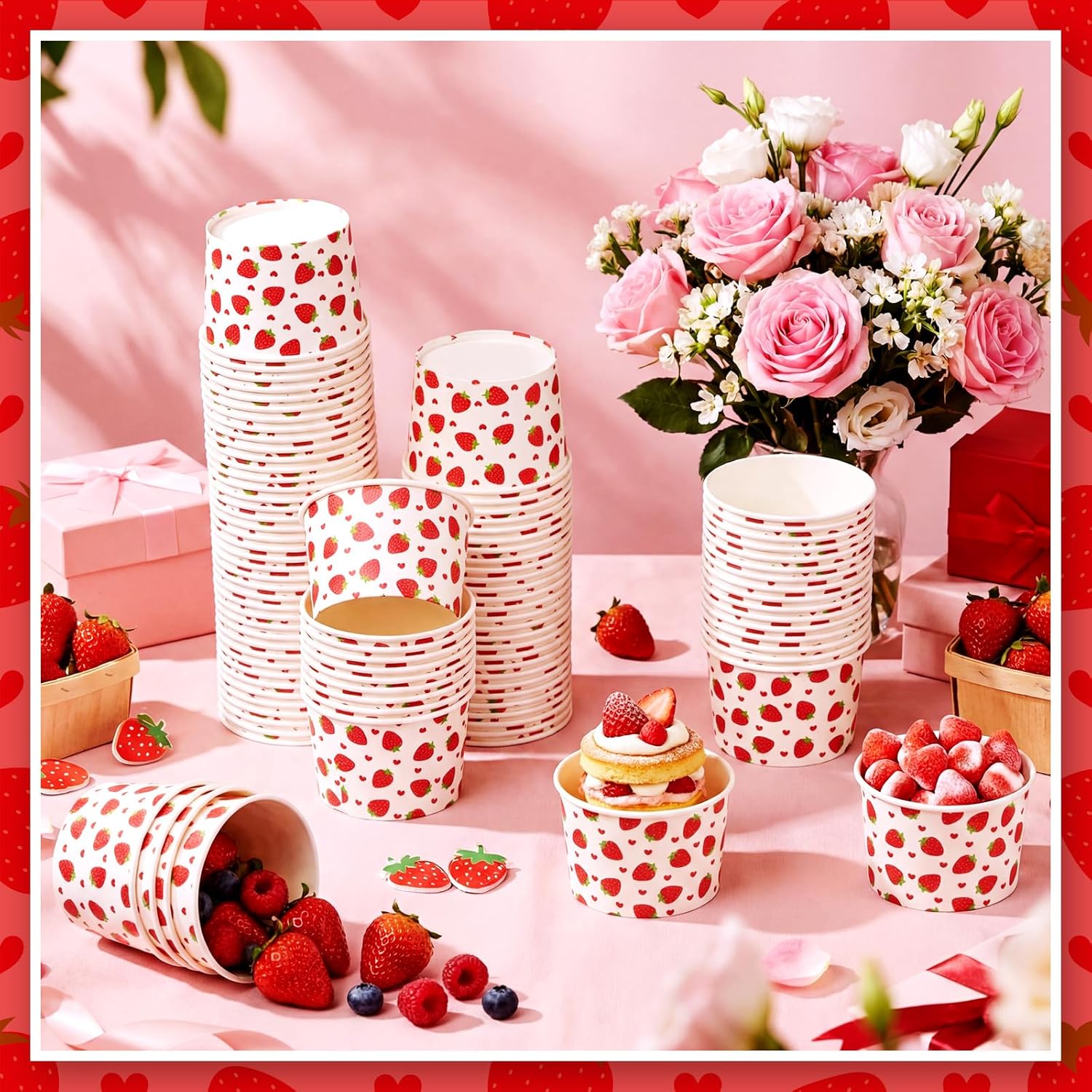 Bokon 100 Pcs Strawberry Ice Cream Paper Cups 9 oz Strawberry Disposable Dessert Bowls Snack Soup Cups for Birthday Baby Shower Party Decorations Supplies