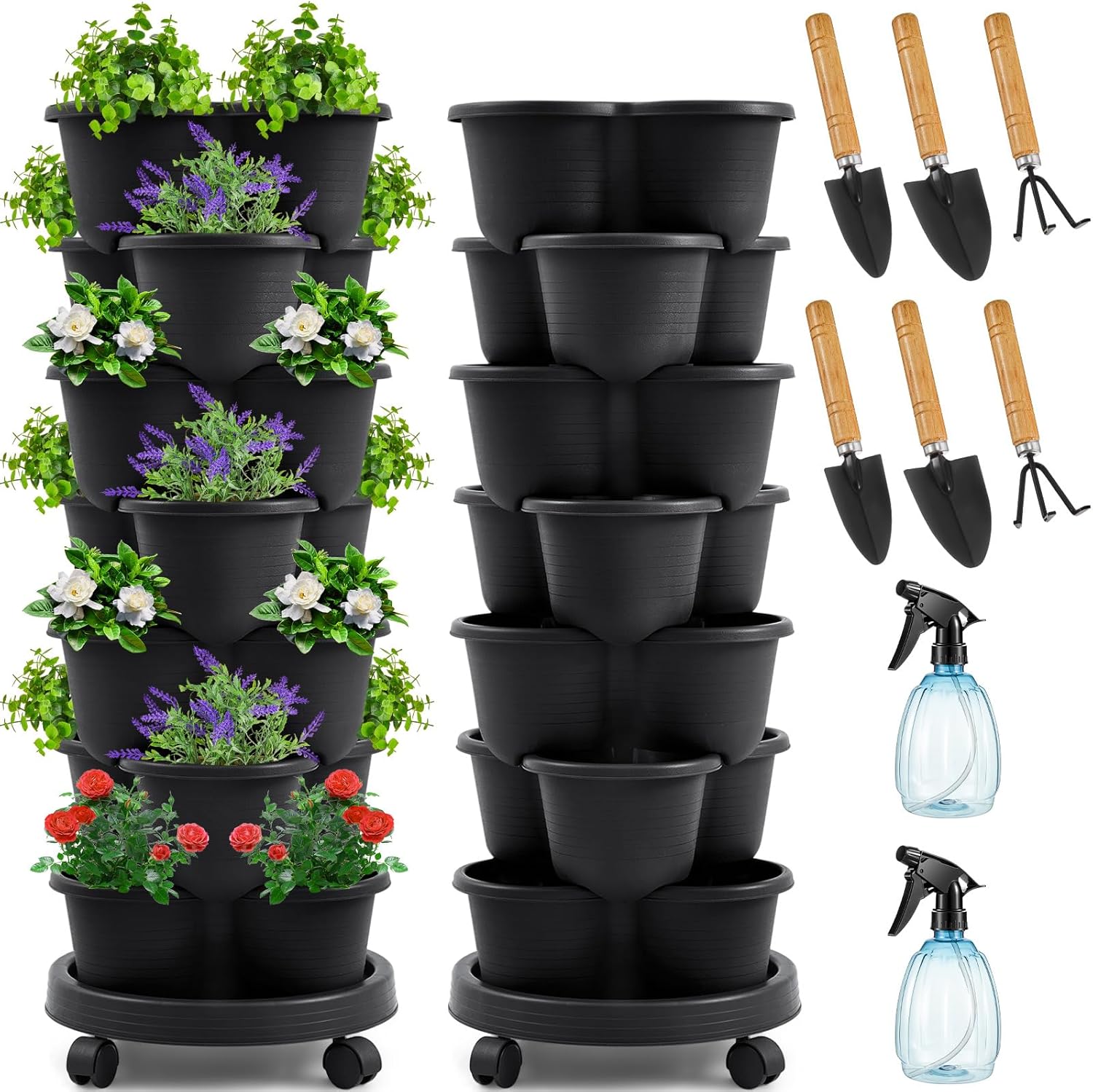 Umigy 2 Set Multicolor 7 Tier Stackable Vertical Planters with Removable Wheels and Tools Tower Planters Strawberry Herb Flower Vegetable Pots Indoor Outdoor Gardening Pots