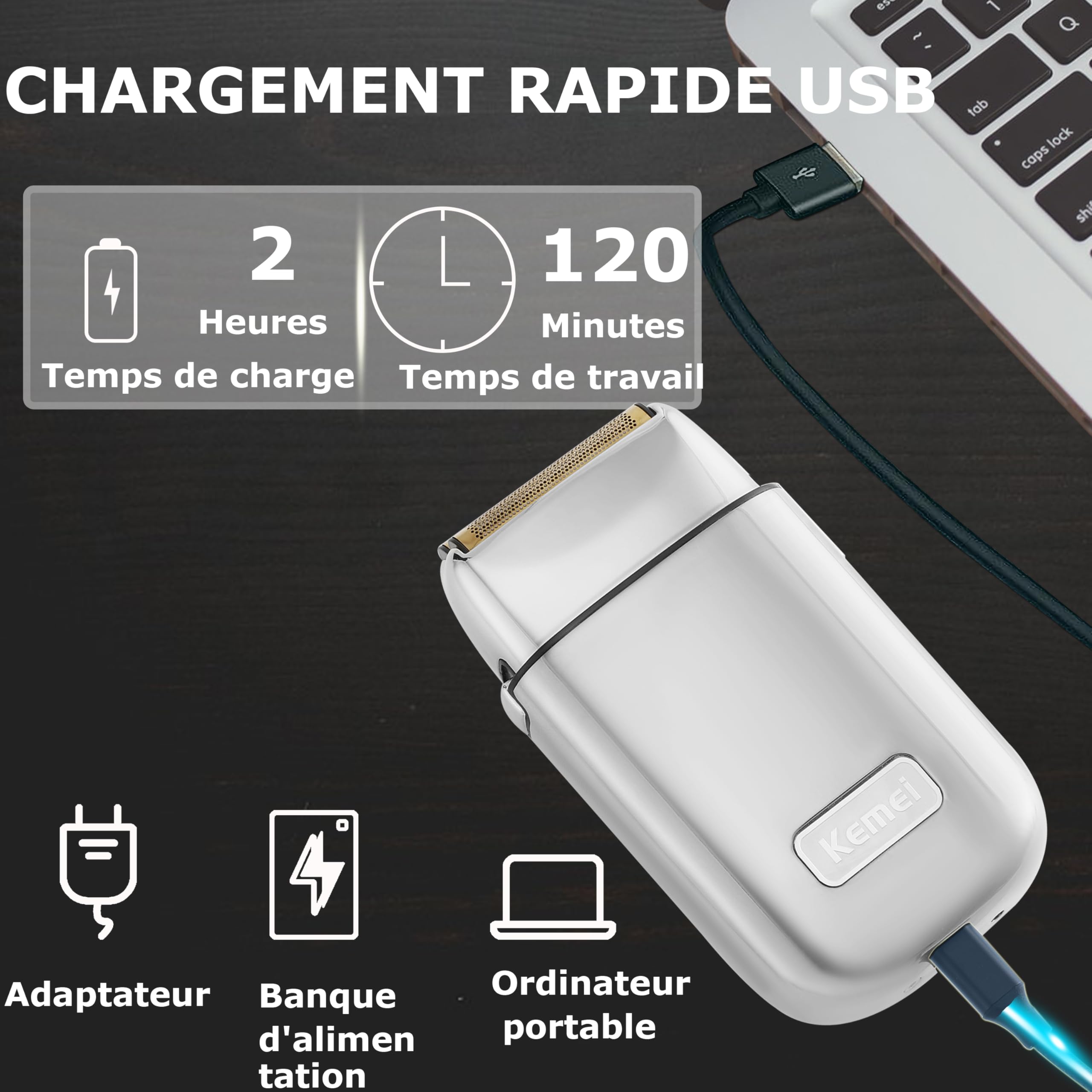 KEMEI TX1S Rasoir électrique sans fil en métal double feuille pour homme | Rechargeable de type C pour le rasage humide et sec