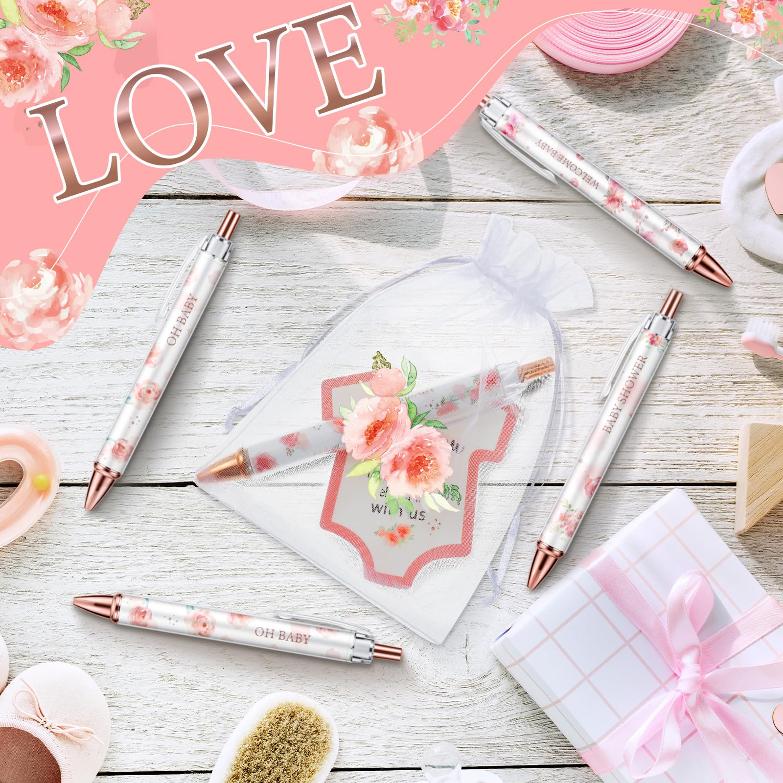 Chuangdi 50 juegos de recuerdos de baby shower, incluye 50 bolígrafos, tarjetas de agradecimiento y bolsas de organza