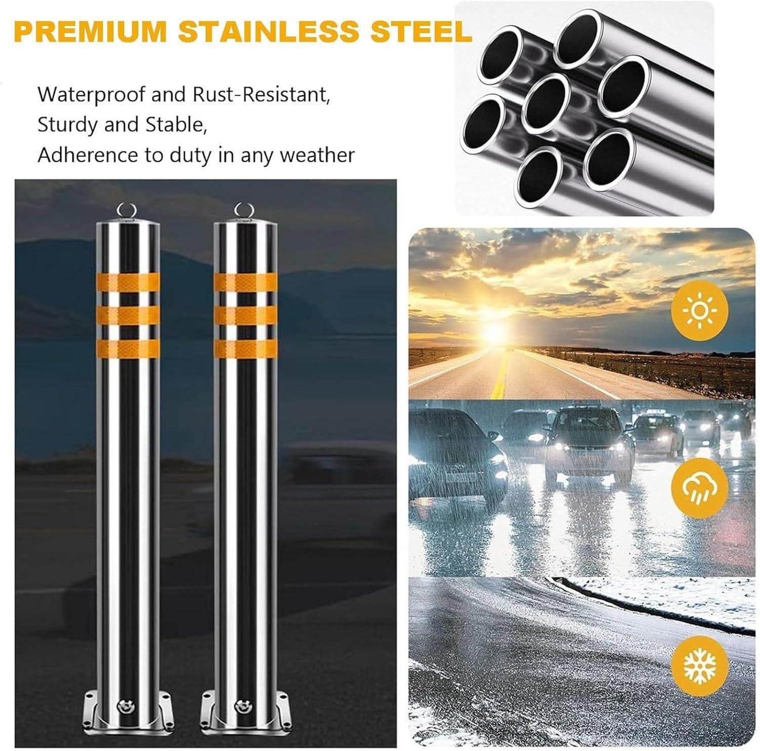 Postes de Estacionamiento de Acero Inoxidable, Barreras Anticorrosión con Banda Reflectante, Fáciles de Instalar para Rieles de Protección en Entradas de Vehícu, 1PCS, 1PCS
