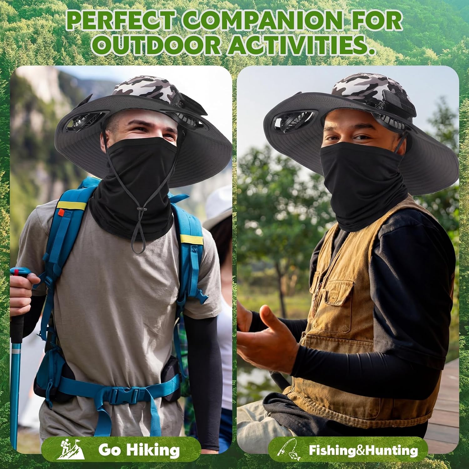 Syhood Solar Fan Hat, Wide Brim Sun Hat with 2 Fans Built in, Neck Gaiter, Arm Sleeves Cooling Fishing Hats for Men Outdoor