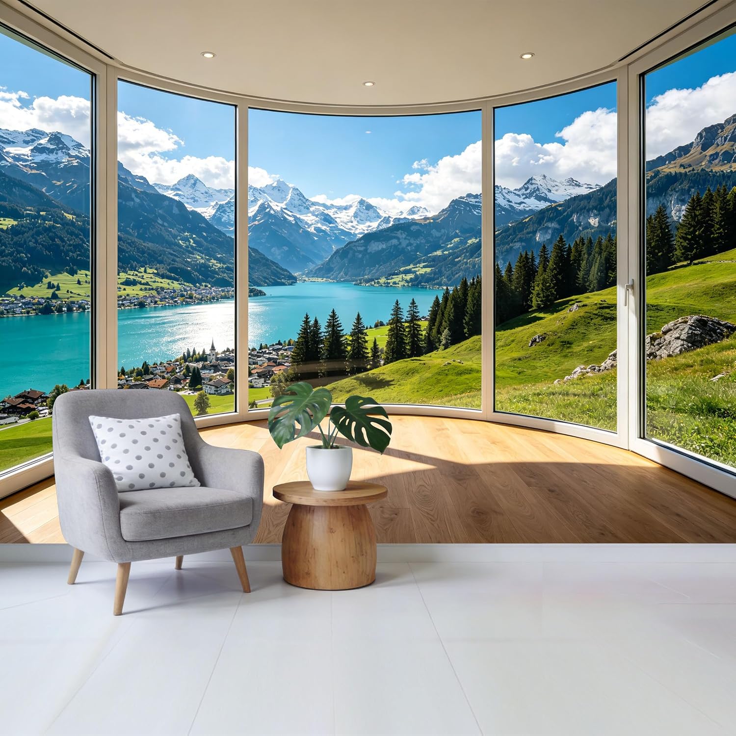 Removable Self Adhesive Fabric Mural, 3D Alpine Lake Mountain View Custom Size Wall Covering, UV Protected Waterproof Washable Wall Decor for Living Room Bedroom Bathroom