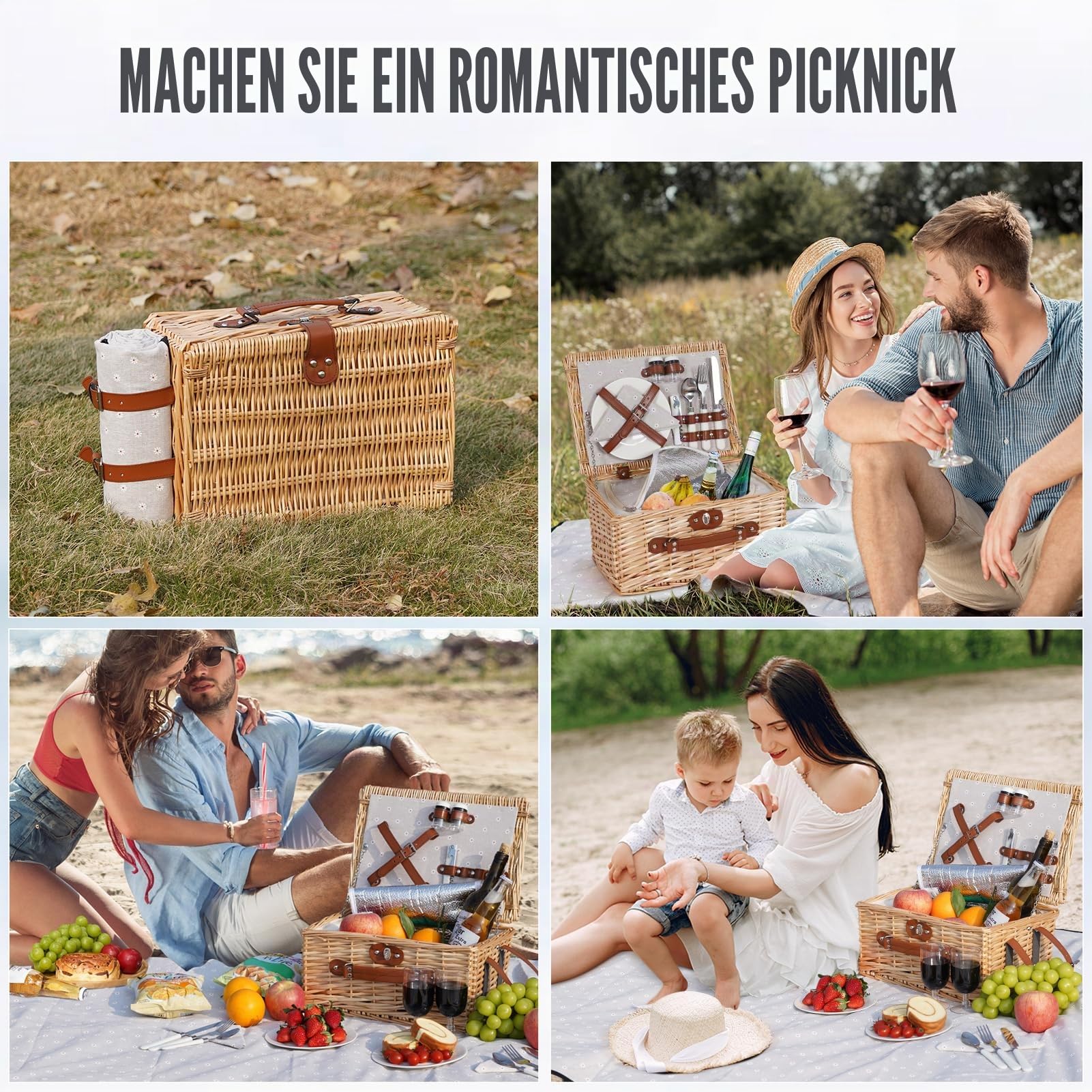 HappyPicnic Picknickkorb-Set für 2 – Weiden-Picknickkorb mit wasserdichter Decke & isoliertem Innenfutter, großer handgefertigter Weidenkorb mit Besteckset für Outdoor, Picknick, Camping, Urlaub