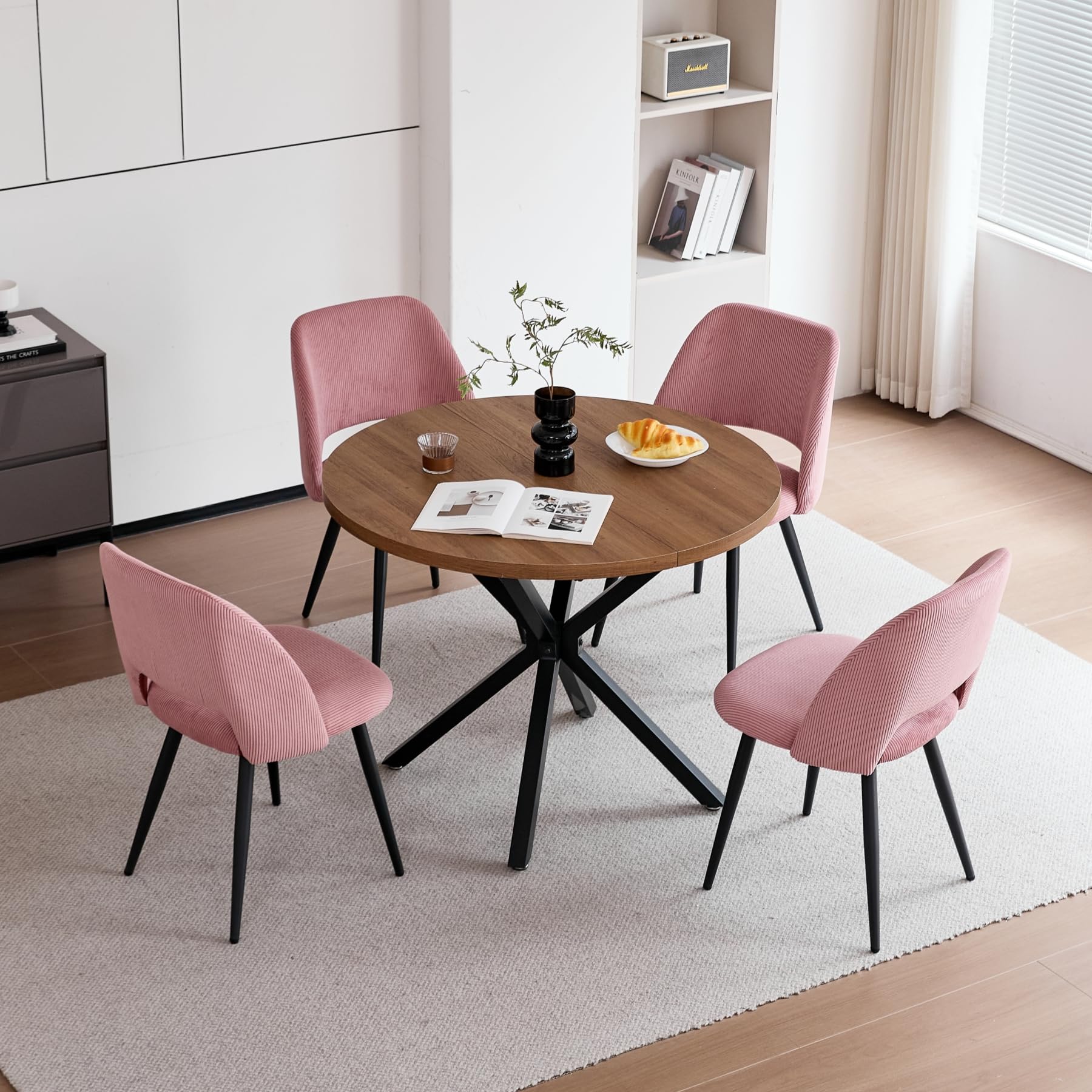 Esstisch und Stuhlset, Runder Esstisch mit 4 stühlen aus Cord,Durchbrochener Gepolsterte Küchenstühle,100cm Runder Esstisch,Küchentisch mit Stühlen,für Esszimmer,Küche(Dunkel + Rosa)
