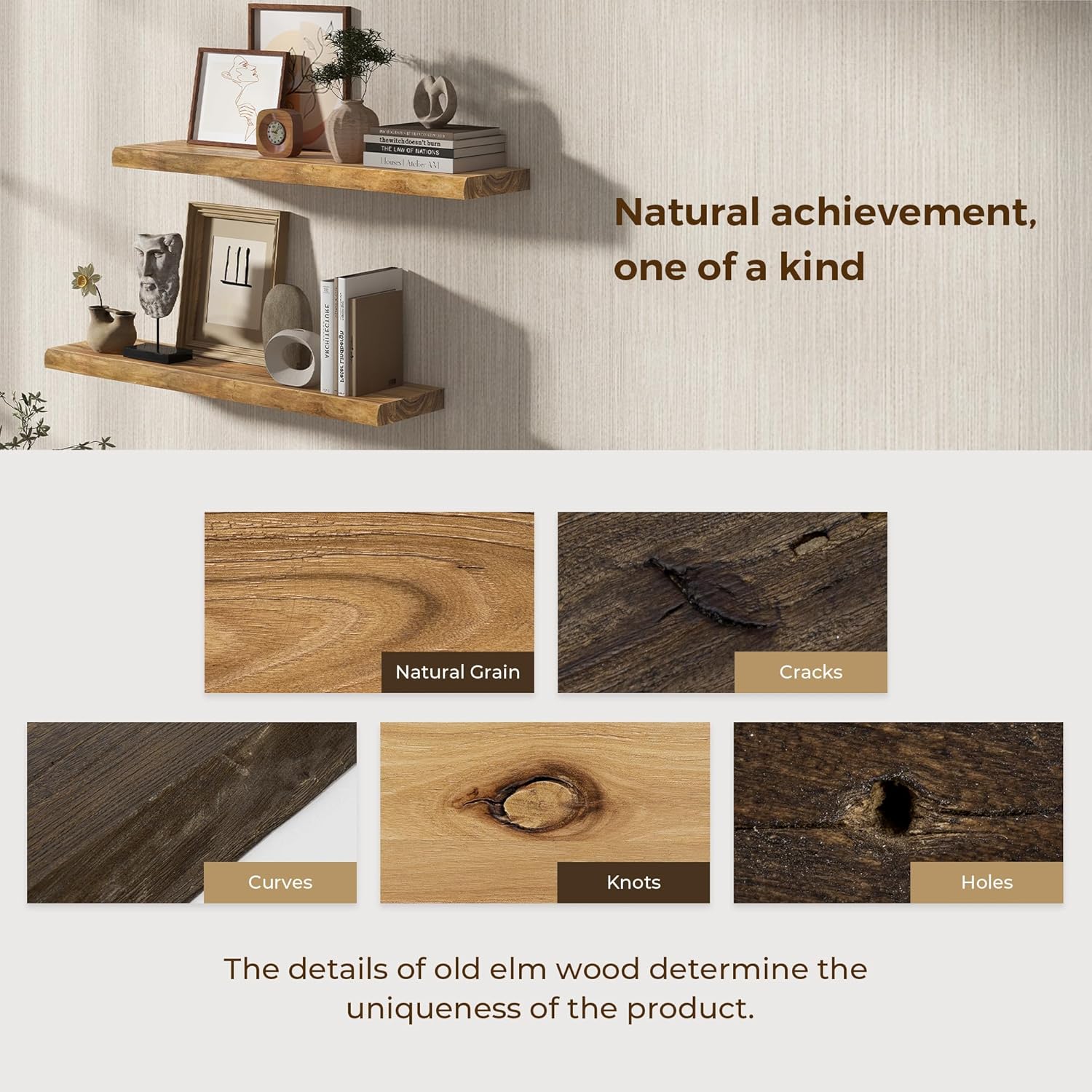 Dreamland 72 inch Floating Shelves for Wall Solid Elm Wood Live Edge Wall Mounted Shelves|Rustic Long Floating Shelves with Invisible Bracket for Bathroom Living Room Kitchen|Natural, 1 Pack