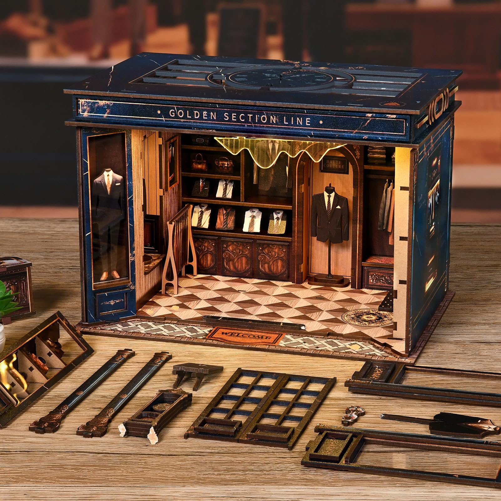 Book Nook Kit – model złoty krój (luksusowy styl retro), miniaturowe drewniane puzzle 3D z oświetleniem LED, zestaw do majsterkowania dla dorosłych i nastolatków, prezent i dodatek do domu