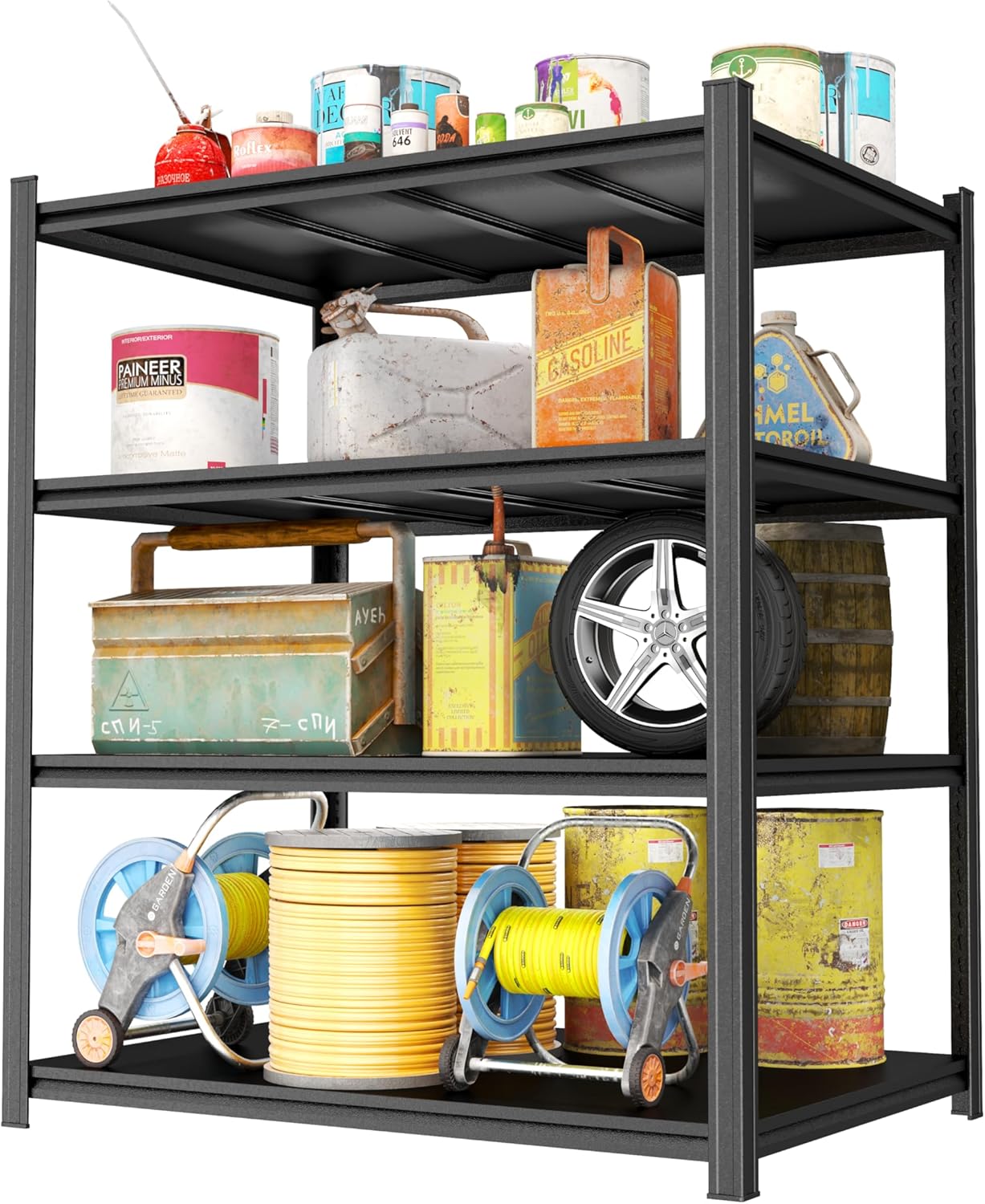 Garage Shelving Unit, Heavy Duty Metal Adjustable Storage, Steel Shelves, Industrial Shelves for Heavy Tools and Equipment, Ideal for Garage, Basement, Black (4-Tier, 63.0" H x 47.2" W x 23.6"D)