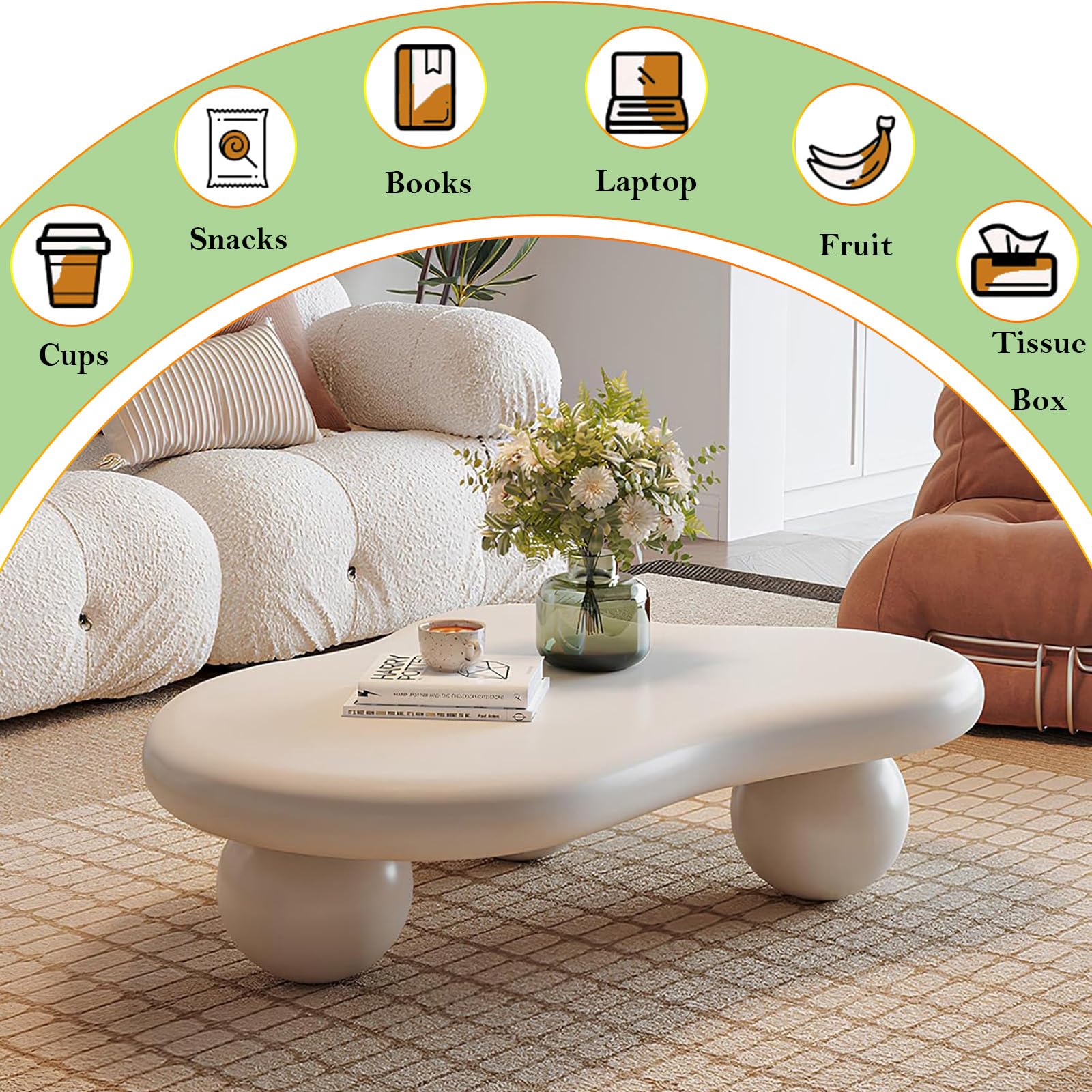 Moderner, Niedlicher Couchtisch in Unregelmäßiger Wolkenform, B White 46in | Moderner, Niedriger Mitteltisch mit Runder Kante, 3 Kugelbeinen, für Kleine Räume im Wohnzimmer oder Büro
