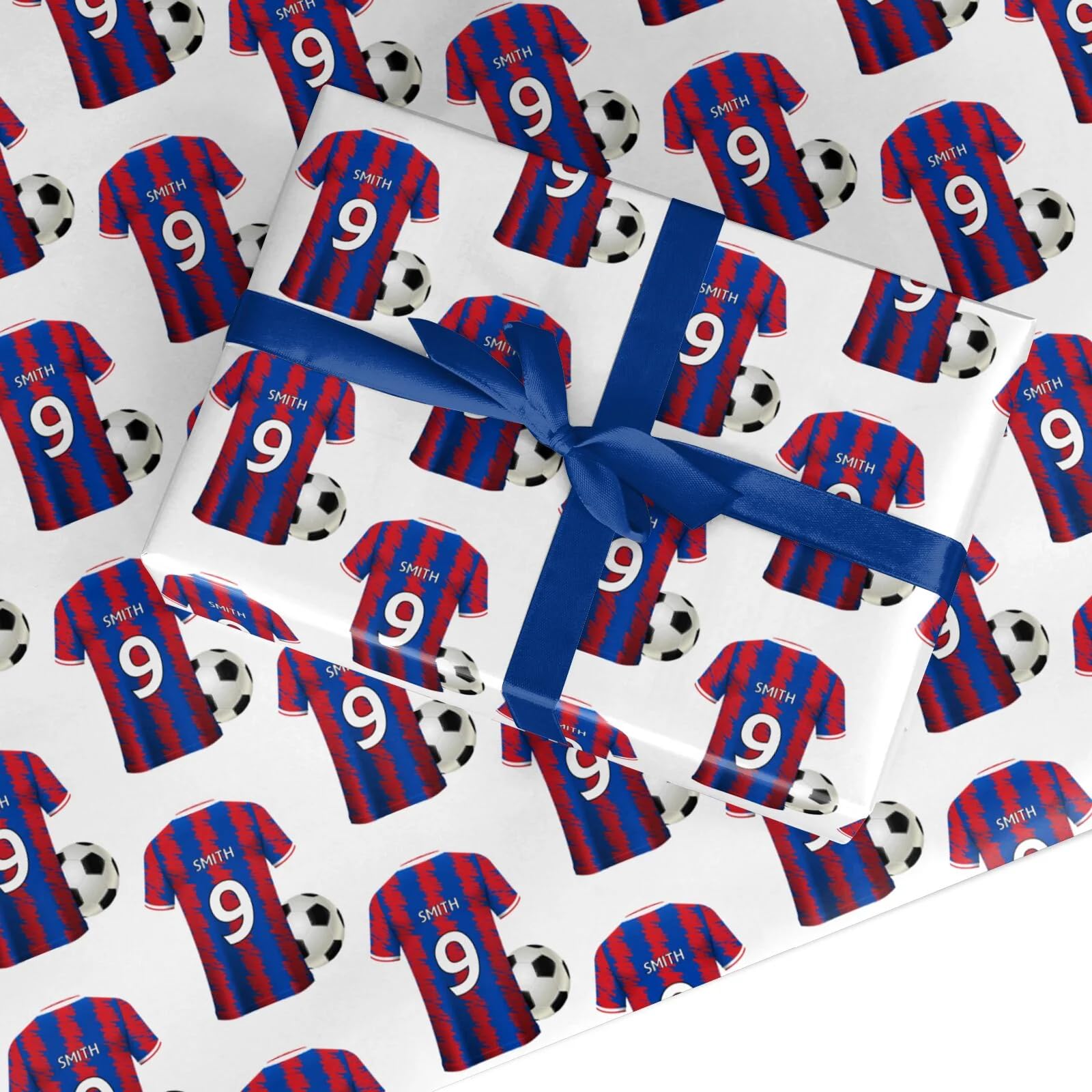 Blue and Red Personalised Football Shirt Wrapping Paper Custom Birthday Gift Wrap - For Him Mens Dad Father's Day Christmas Boys Kids Adult - Any Name & Number - Large Roll (50cm x 3.6m)