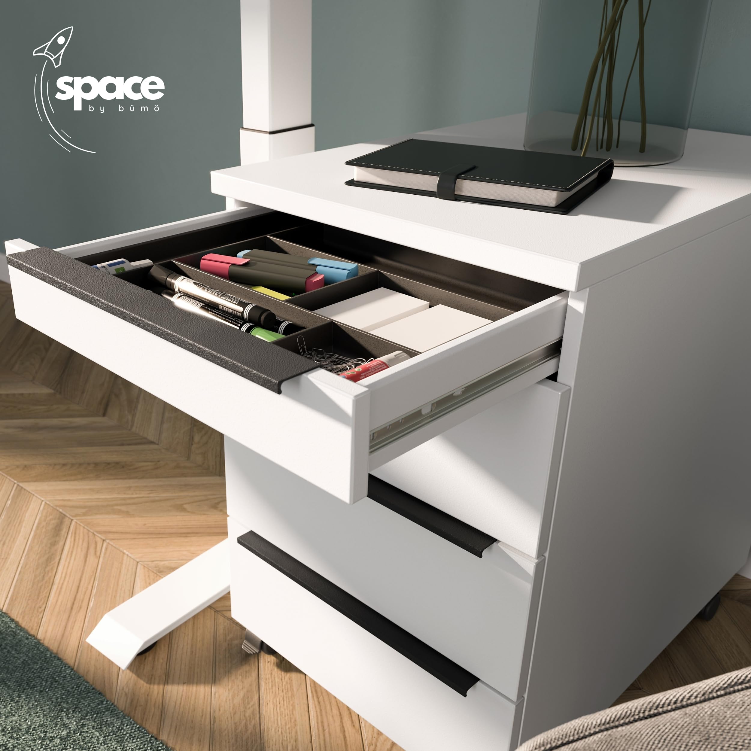 bümö Space Rollcontainer mit Schubladen, Container aus Holz in Graphit - Rollwagen für's Büro als Schreibtisch Unterschrank, Bürocontainer od. Schreibtischcontainer