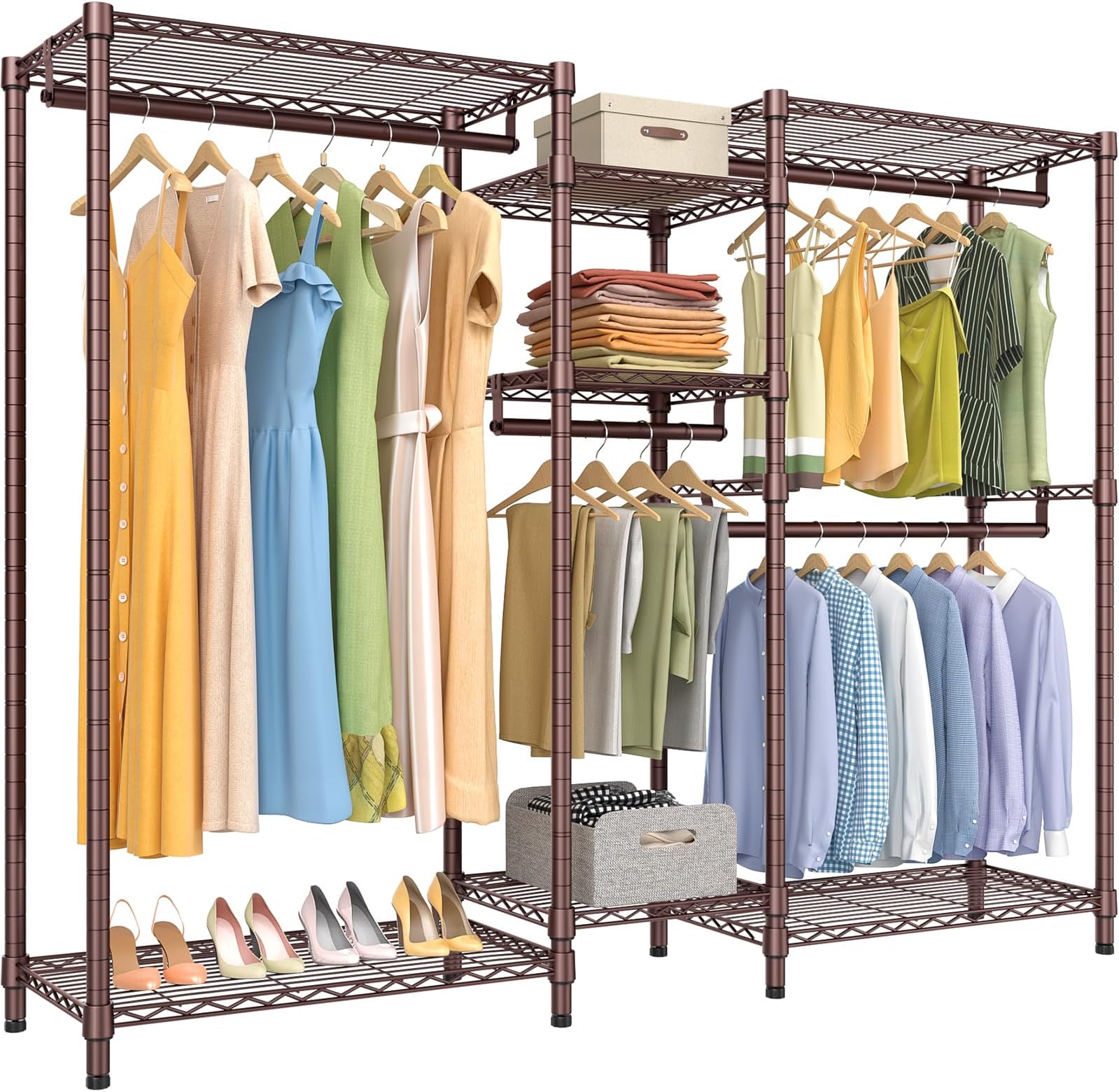 Classic V6 Wire Garment Rack Heavy Duty Clothes Rack for Hanging Clothes, 5 Tiers Freestanding Closet Rack Large Size Metal Clothing Rack with 7 Shelves & 4 Hanging Rods, Max Load 850LBS, Bronze