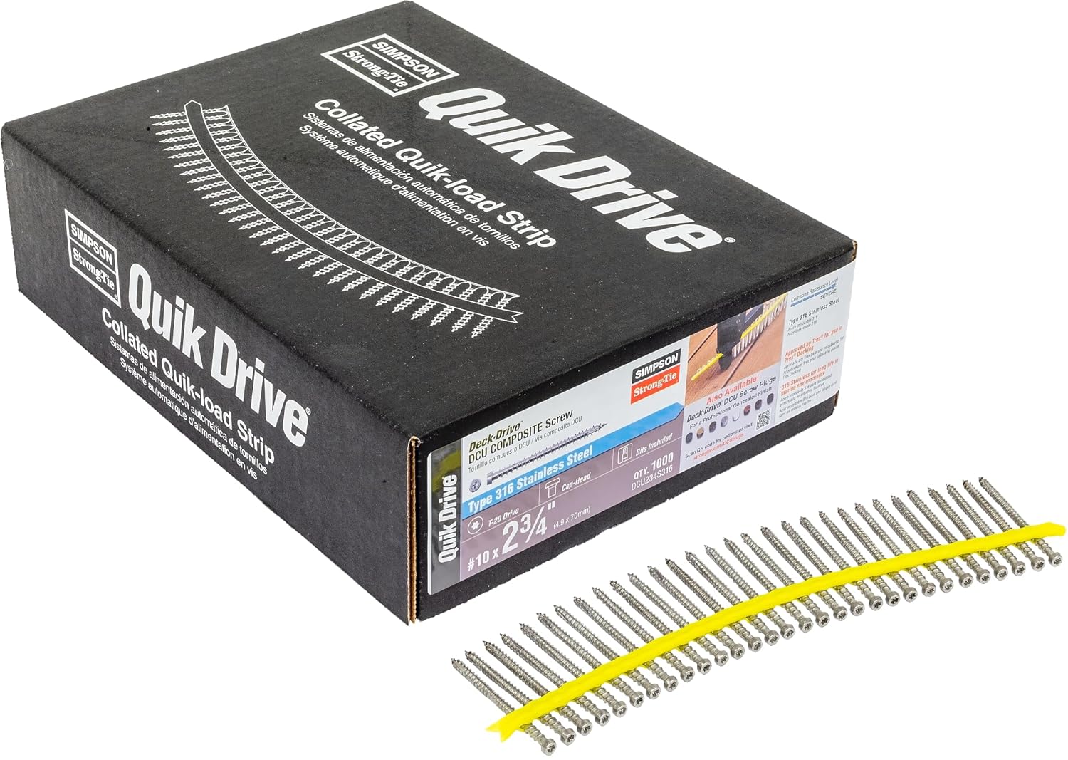 Simpson Strong-Tie QuikDrive DCU234S316 - #10 x 2-3/4" 316SS Collated DCU Composite Deck Screw, Type 316 Stainless Steel Screws for Fastening in Decking Applications, (Carton of 1000)