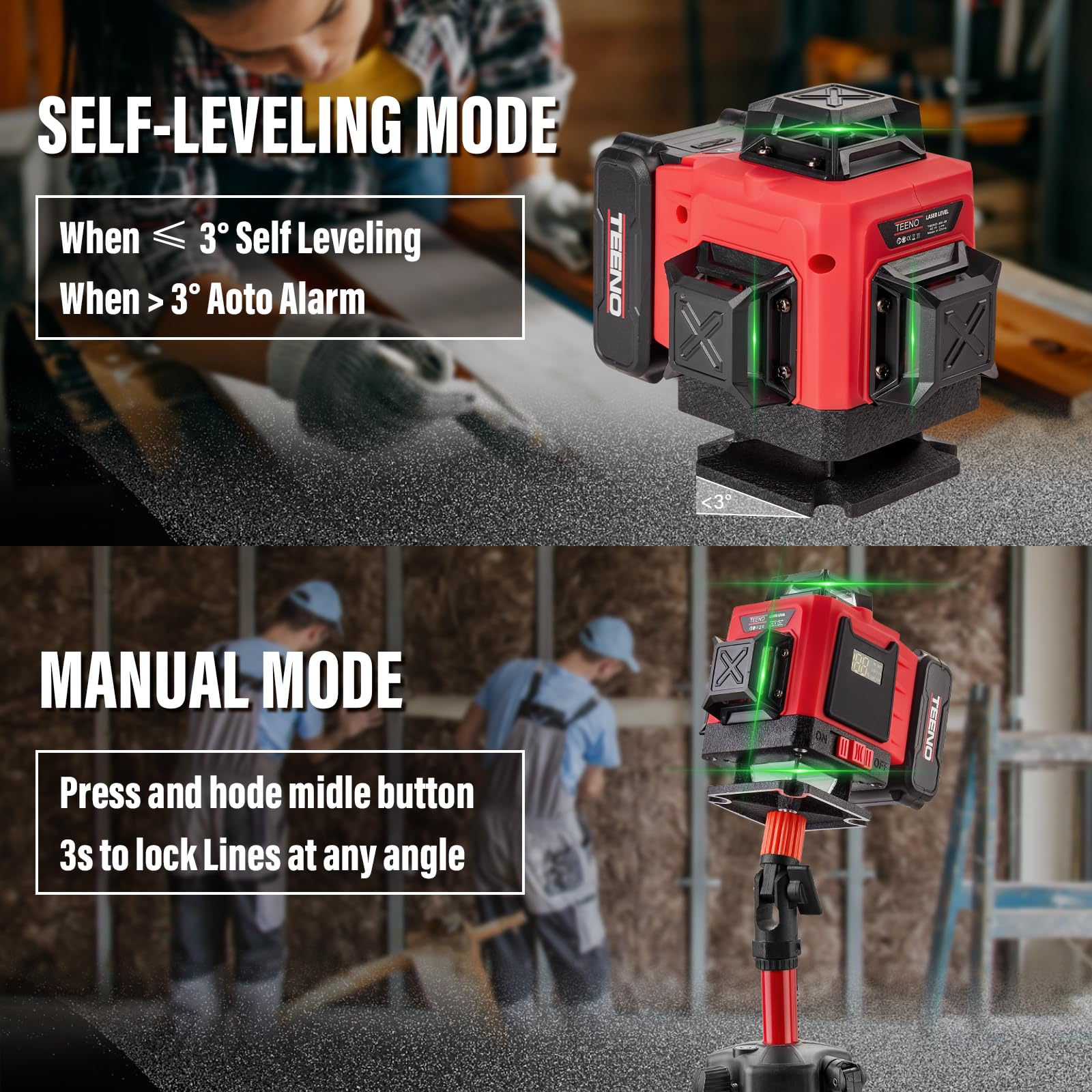 TEENO Livella Laser Verde Autolivellante 16 Linee con Treppiede, Display Digitale LCD,4 X 360 °Livello Laser Autolivellante Verde,Incluso 2 * 4800mAh Batterie,Telecomando, Base Magnetica
