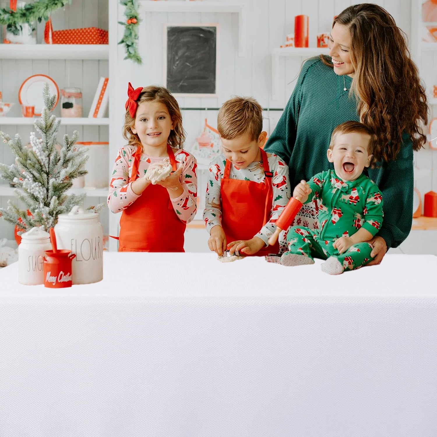 biscaynebay textured fabric tablecloths 90x132 inches rectangular, white water resistant tablecloths for dining, kitchen, wedding and parties etc. machine washable 132" x 90" (rectangular) white