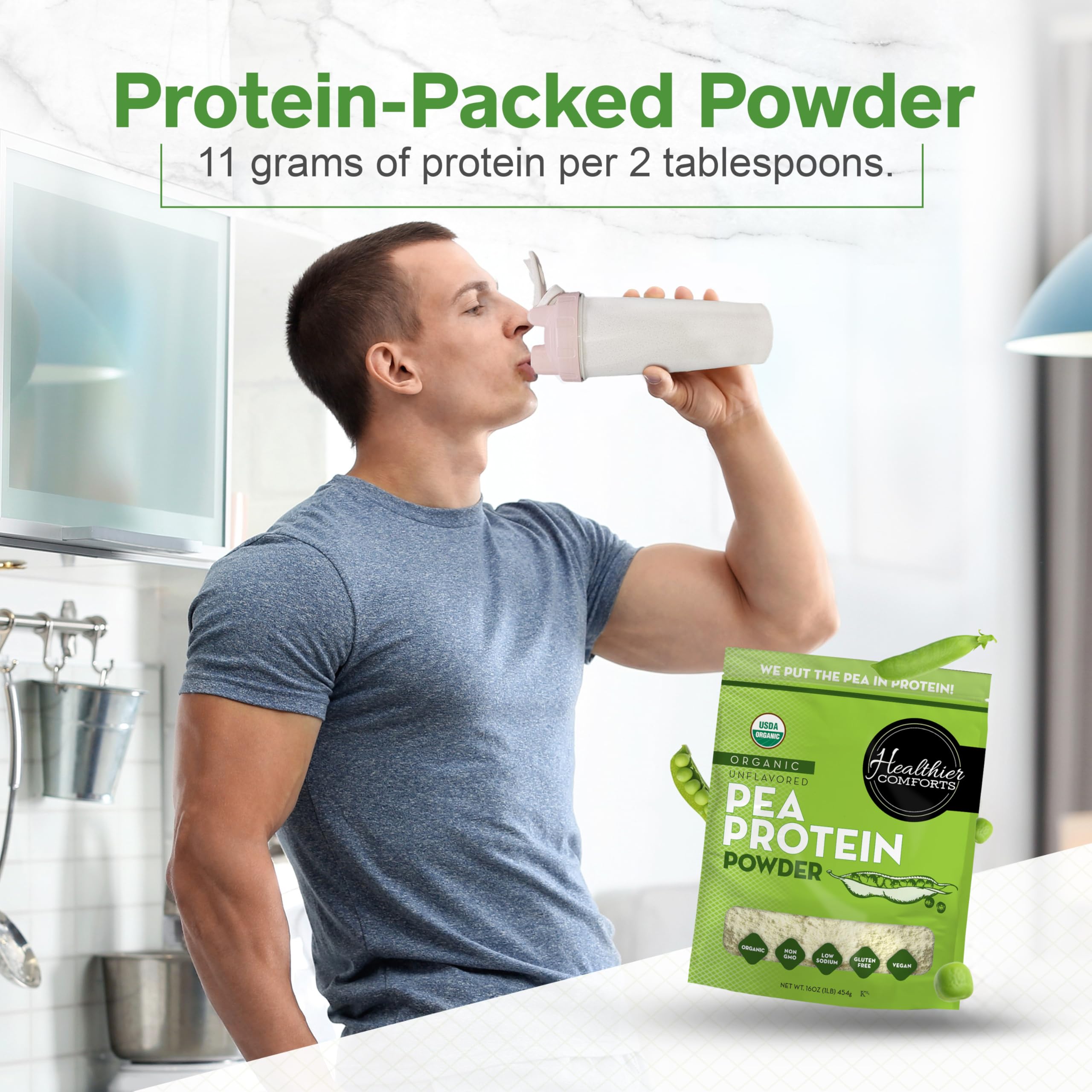Healthier Comforts Organic Unflavored Pea Protein Powder - Low Sodium (1 lb.) | USA Grown and Processed | 100% Plant Based Protein | Kosher, Gluten Free, Non-GMO, Keto Friendly (16oz) — Amazon image 8