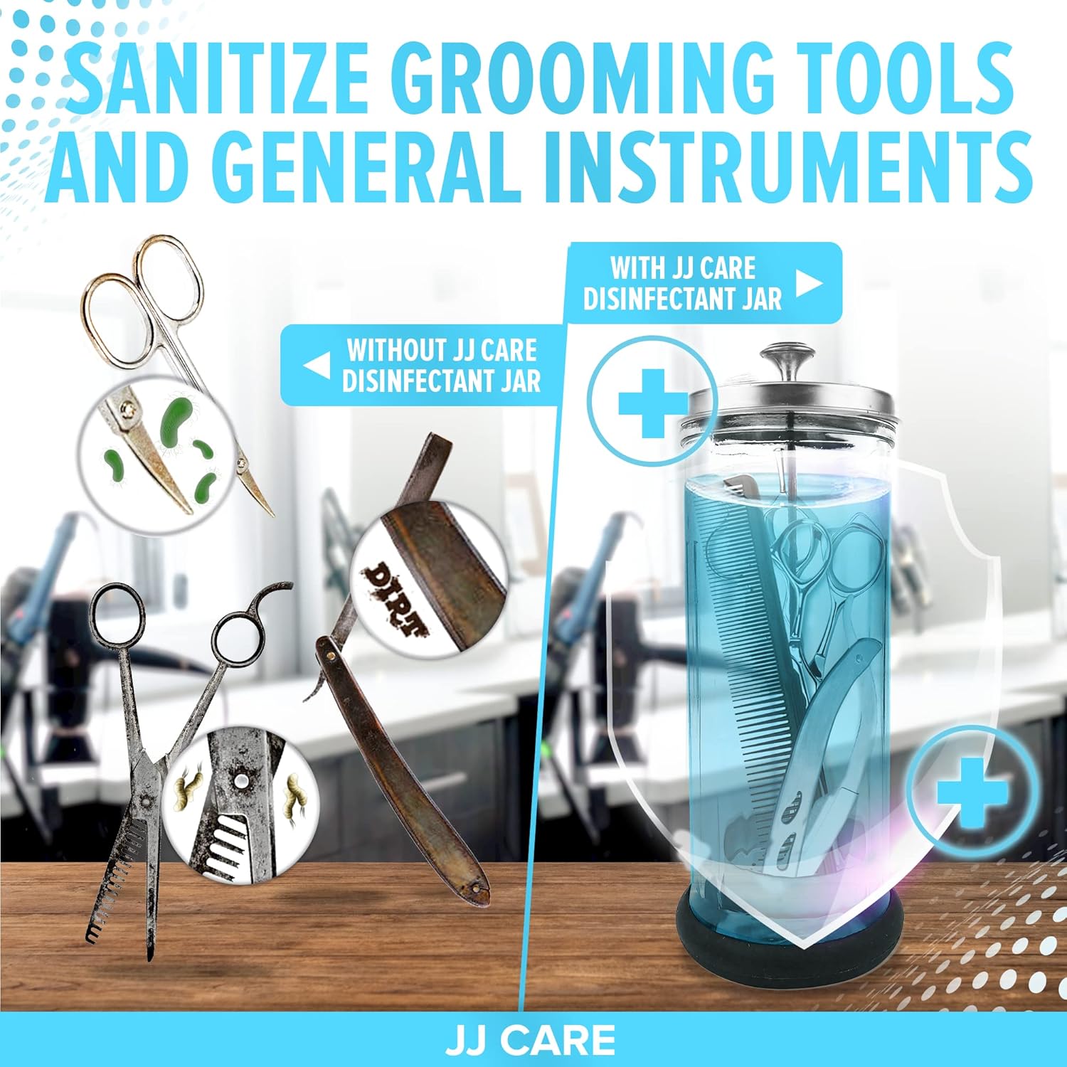 JJ CARE Disinfectant Jar (42oz) - Barber Jar Glass, Sanitizer Disinfectant Glass Jar, Barber Disinfectant Jar, Implement Disinfectant Container w/Stainless Steel Removable Strainer & Cap - Silver Lid