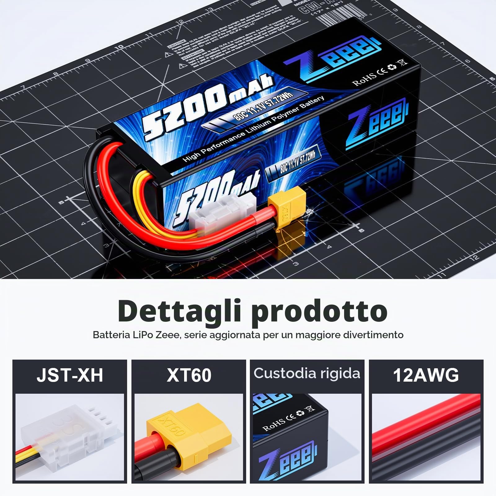 Zeee 3S Lipo 5200mAh 11.1V 80C RC Batteria Spina XT60 (2 pezzi)