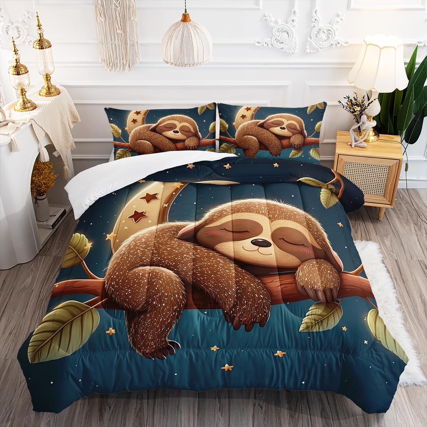 Kawaii Brown Sloth Comforter Set 3Pcs Galaxy Moon Bedding Twin Universe Outer Space Star Bedding Set for Kid Teen Girl Boy Bed Decor Sleeping Sloth Quilt with 1 Comforter and 2 Pillowcases