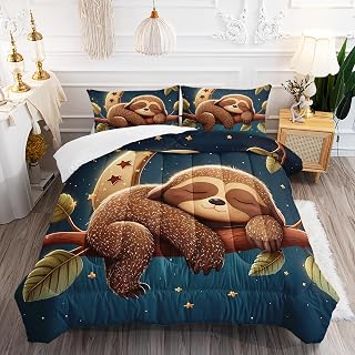 Kawaii Brown Sloth Comforter Set 3Pcs Galaxy Moon Bedding Queen Universe Outer Space Star Bedding Set for Kid Teen Girl Boy Bed Decor Sleeping Sloth Quilt with 1 Comforter and 2 Pillowcases