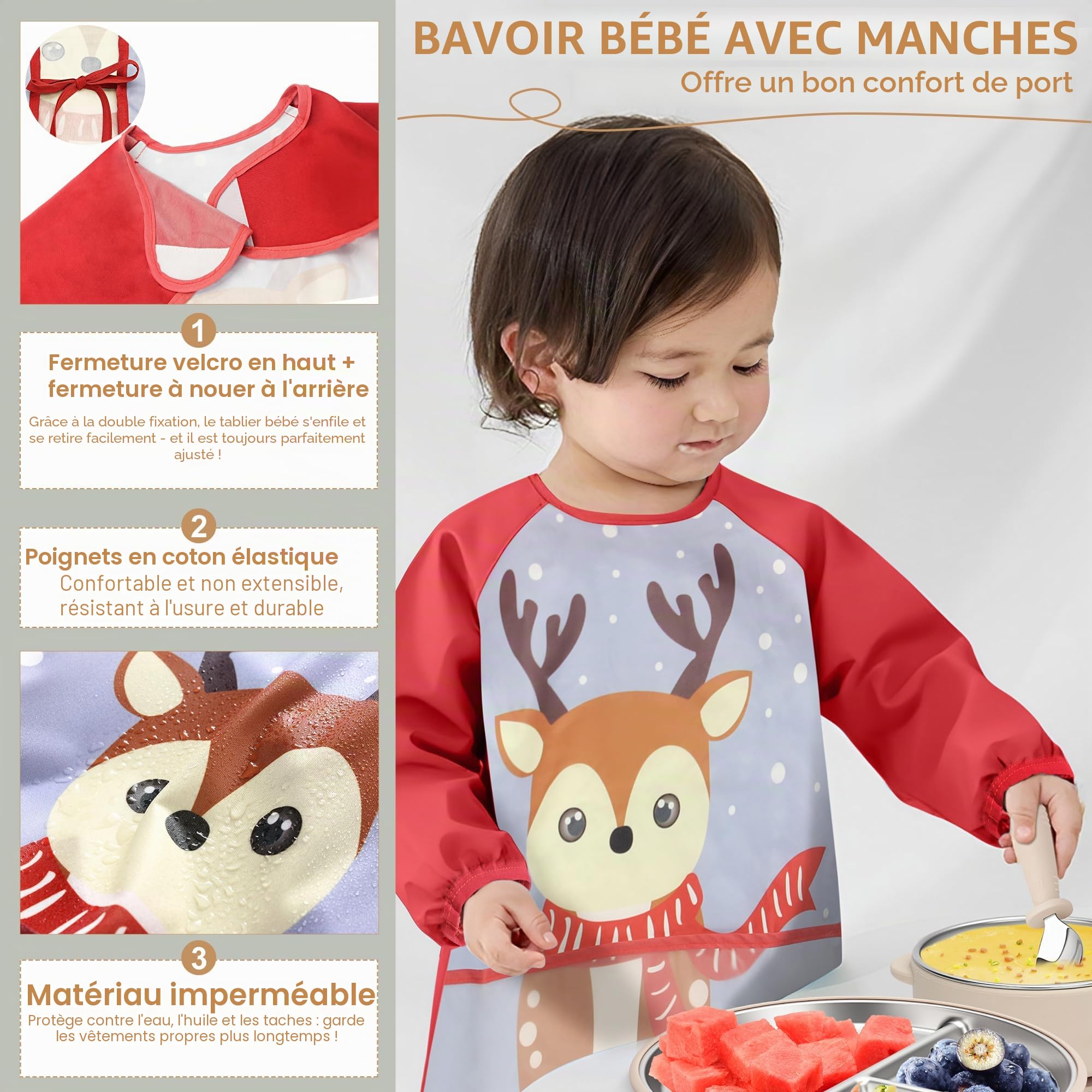 Set de vaisselle pour bébé en acier inoxydable avec ventouse, 6 pièces en acier inoxydable avec assiette, gobelet d'apprentissage, bavoir pour bébé avec manches, cuillère, fourchette, bol, sans