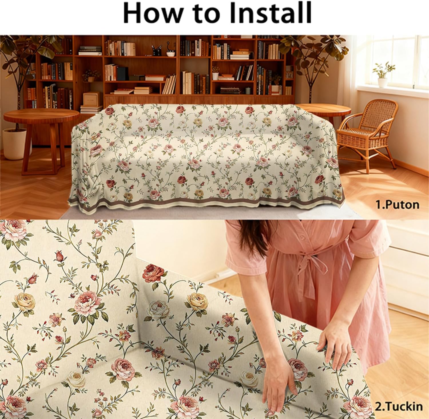 Floral Couch Cover Flower Vintage Sofa Covers for 2 Cushion Couch, 1 PC Boho Futon Sectional Sofa Slipcovers Washable, Living Room Multi-Functional Furniture Protector, Large 71"x118"