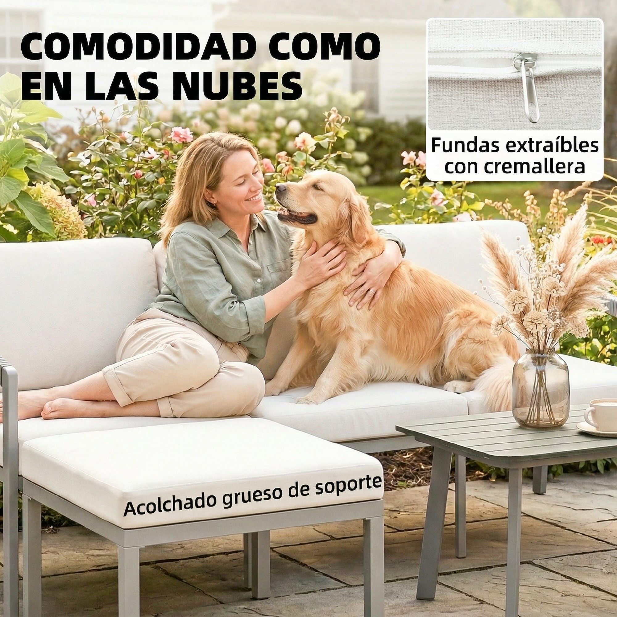 Outsunny Conjunto de Muebles Jardín Exterior Sofá Exterior Marrón Beige | 3 Piezas, Seccional Forma de L, Sofá de 3 Plazas, Reposapiés, Mesa Centro de Listones, Cojines de 10 cm, Terraza Patio