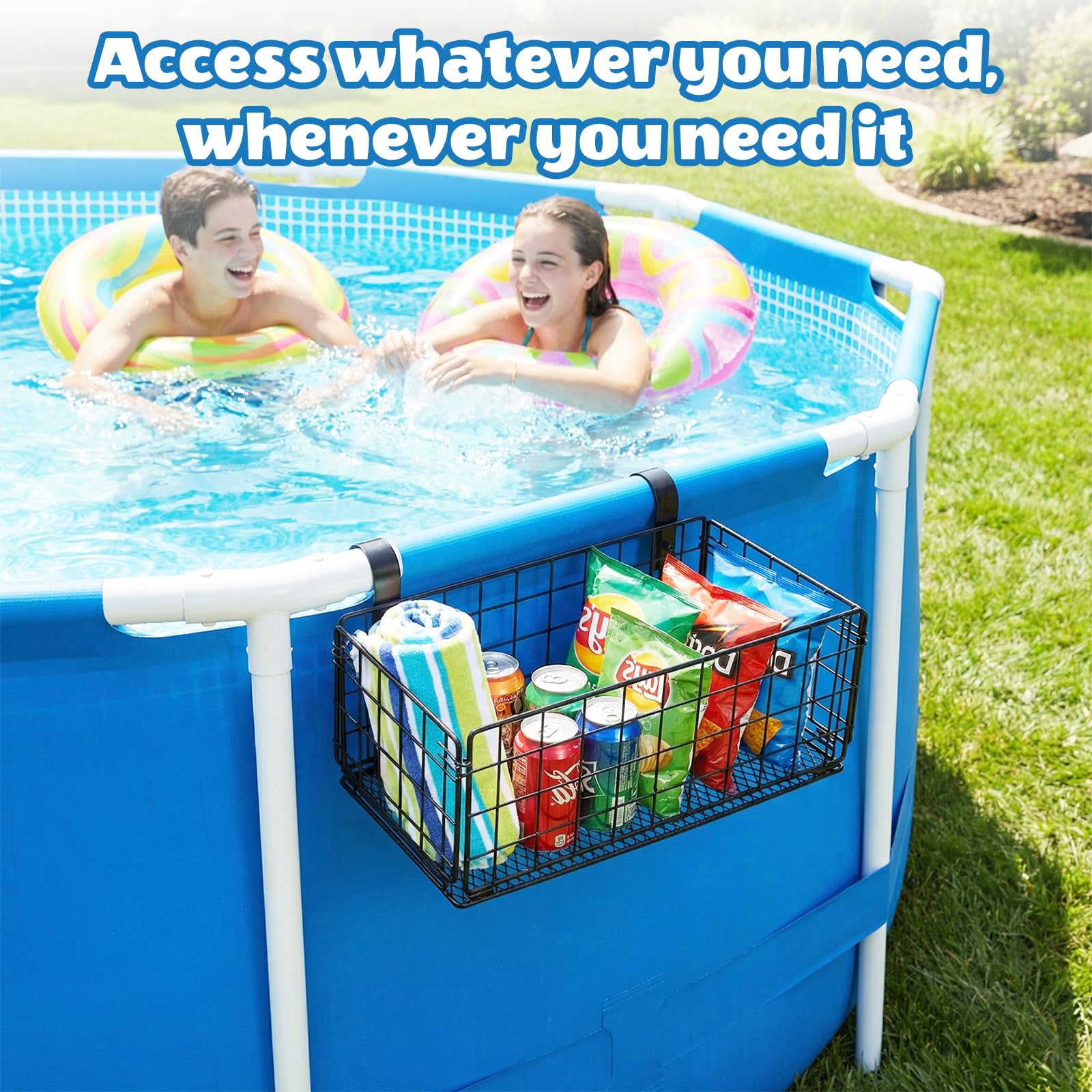 Panier de Rangement au Bord de la Piscine, Pliable Panier Rangement Piscine Hors Sol en Métal Motif Ajouré Accessoire de Piscine pour Les Jouets de Piscine, Les Serviettes, Les Boissons