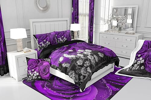 Miniatura 7 de Juego de edredón floral morado, 3 piezas, romántico juego de ropa de cama con rosas moradas para niñas, niños, mujeres y hombres, elegante edredón