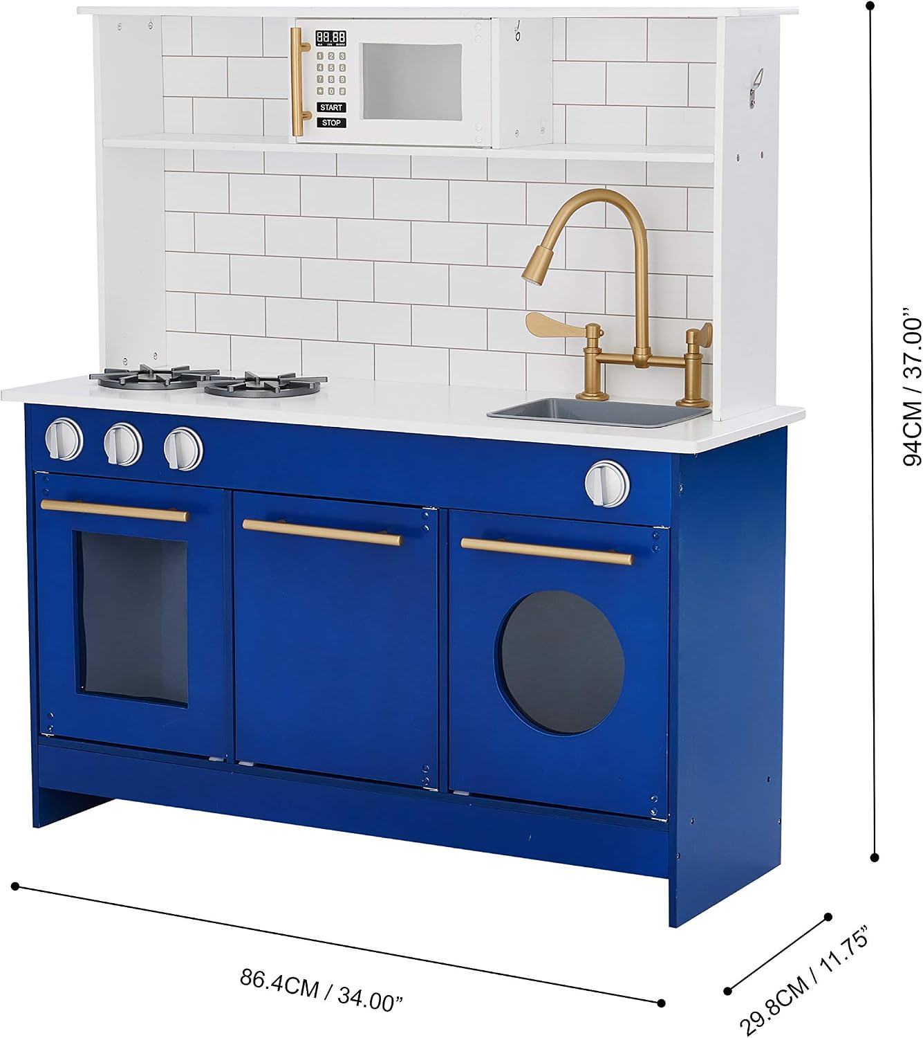 Teamson Kids Little Chef Berlin Kids Play Kitchen with 6 Kitchen Accessories, Wooden Play Kitchen Set for Toddlers with Subway Tile Backsplash, Gold Hardware, & Storage Shelves, Blue/White image 2