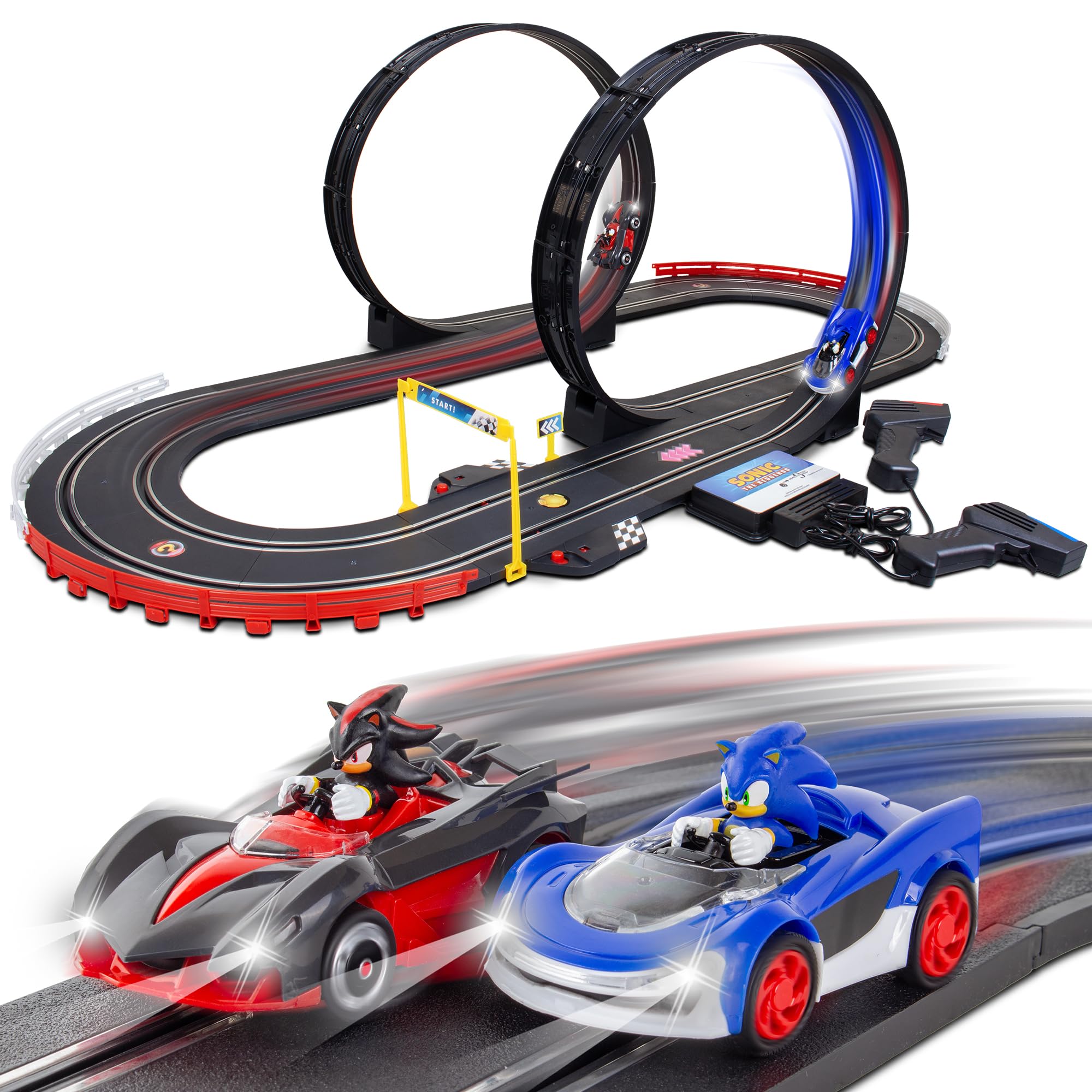 NKOK Sonic Racing: CrossWorlds Slot Car Race Track Set with Super Loop, Sonic & Shadow 3.5” Cars, Turbo Boost Hand Controllers, Lap Counters, Light-Up