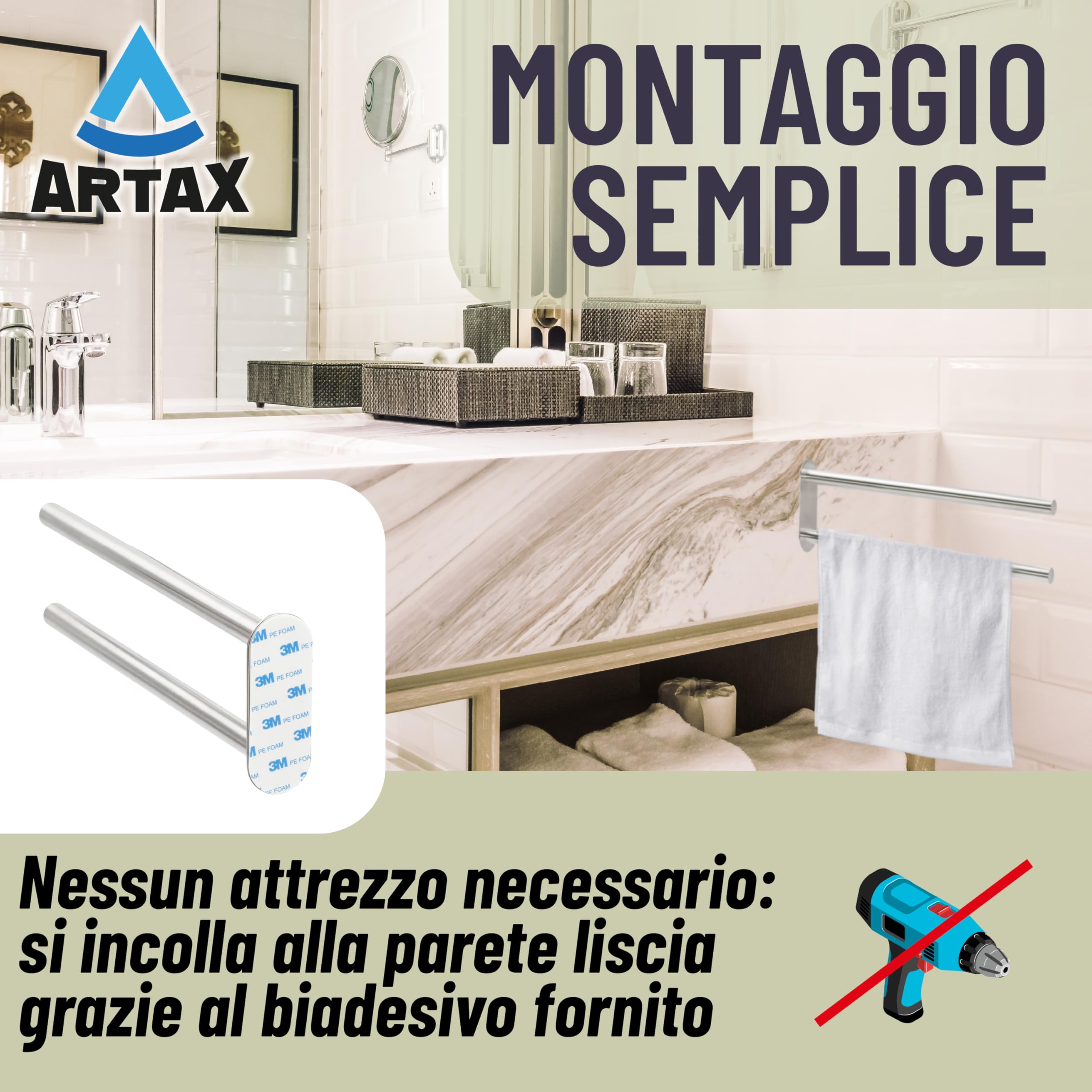 Portasciugamani Adesivo A Doppio Braccio Nero | Senza Foratura Per Bagno E Cucina, Acciaio Inossidabile