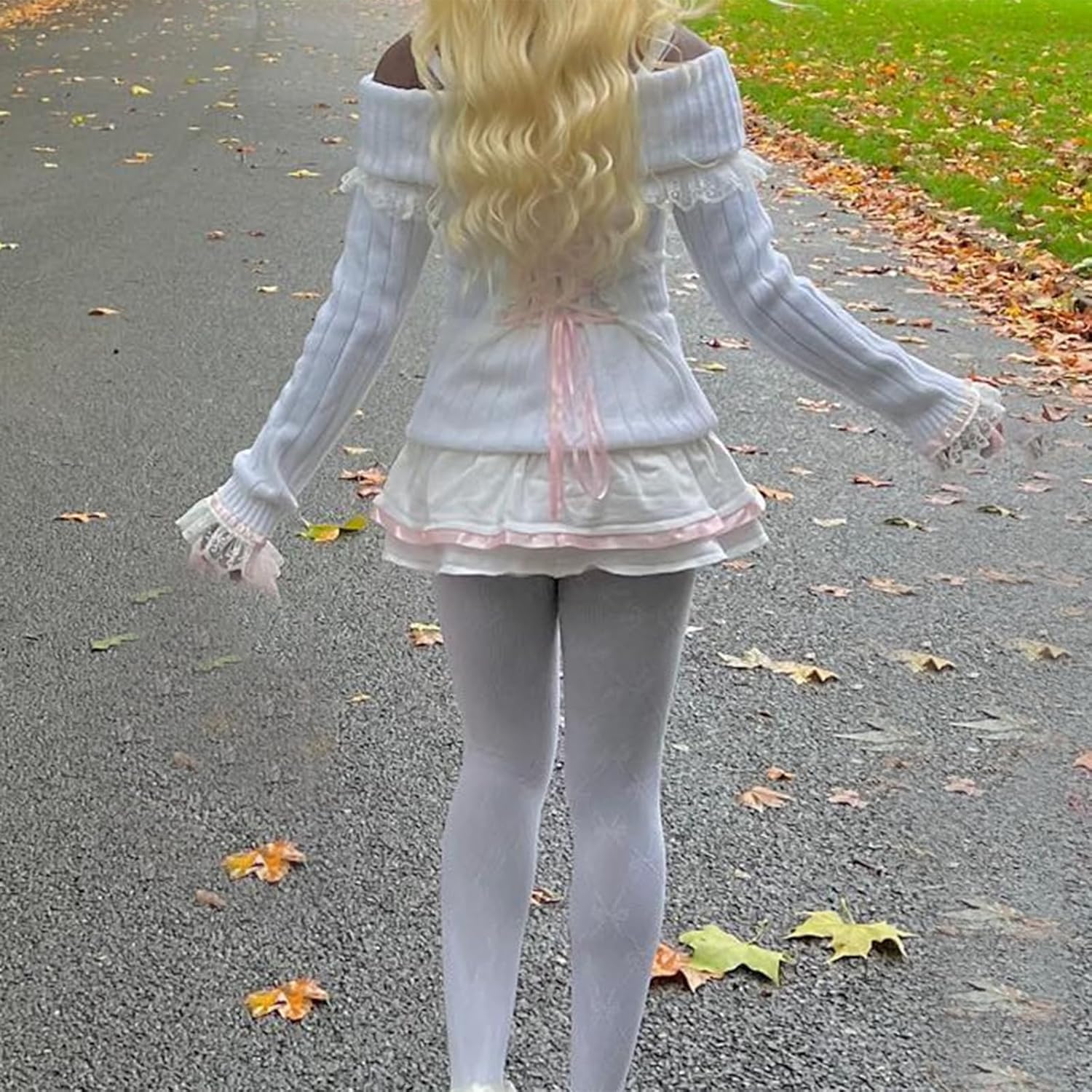 Y2k Off The Shoulder Sweater for Women Lolita Cute Bow Front Lace Trim Knit Pullover Kawaii Long Sleeve Jumper Tops - Image 5