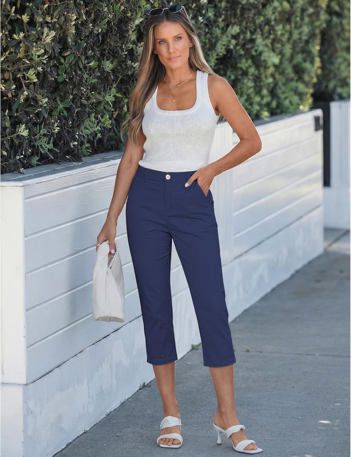 GRAPENT Capri Pants for Women Summer High Waisted Cotton Elastic Waist Dressy Casual Office Work Capris Trousers Pants XX-Large Navy Blue