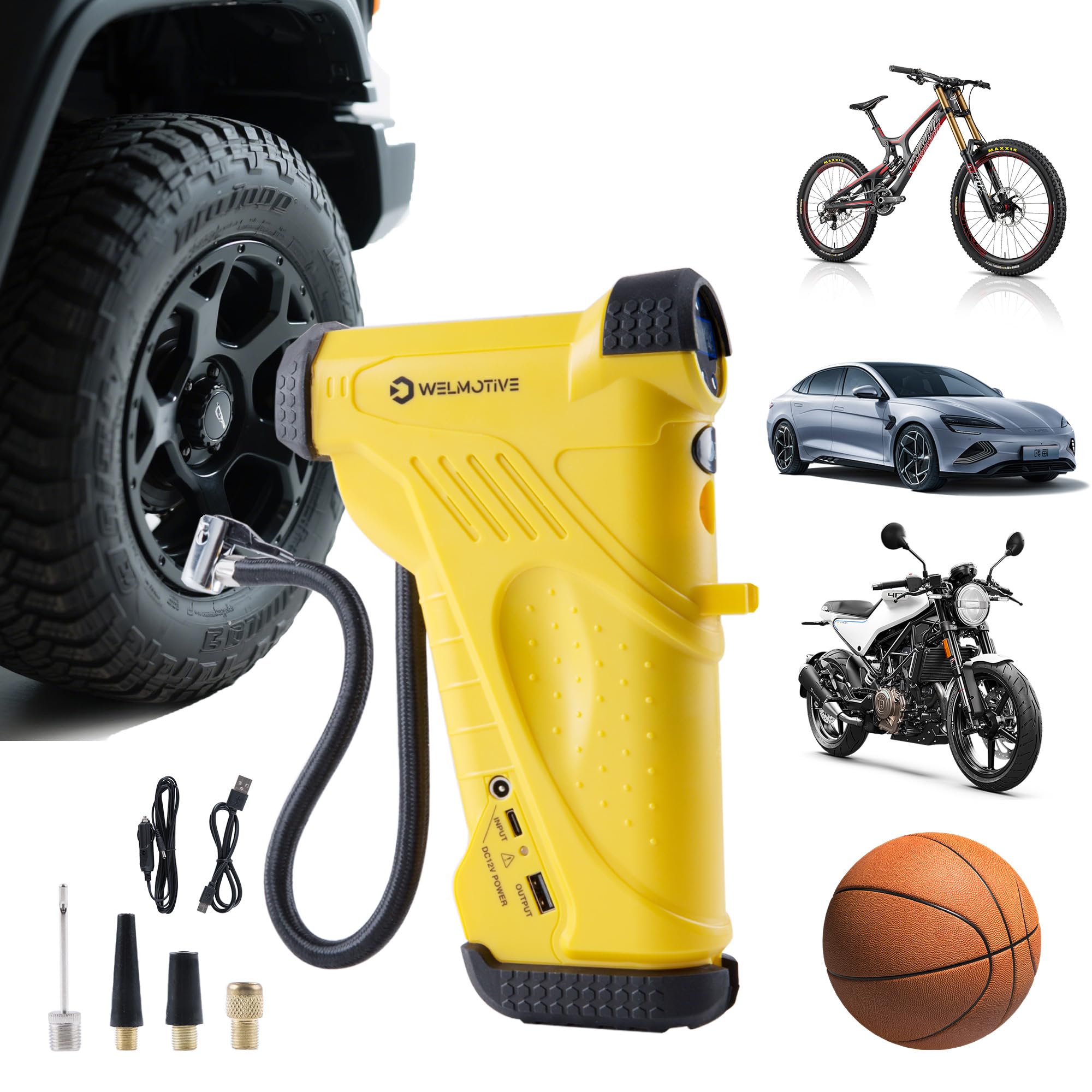 12V Cordless Tire Inflator with LCD Display, 150PSI High Small, Yellow
