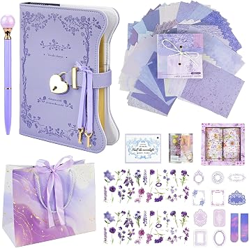 Secret Diary with Lock for Girls Women, A5 PU Leather Journal with Lock, 360 Pages Lockable Notebook Kids Diary with Keys Pen Tape Bookmarks Memo Stickers, Secret Diary for Girls Ages 8-14 Purple