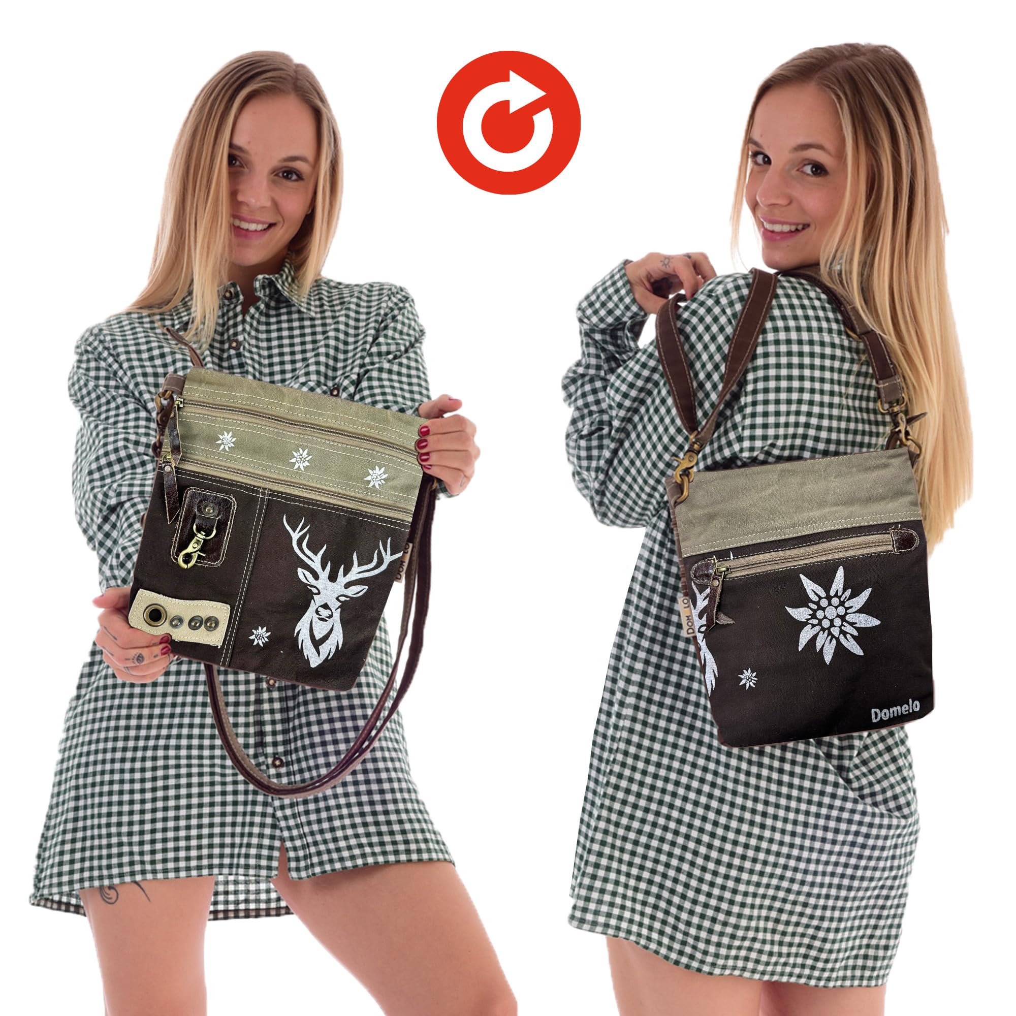 Domelo Dirndl Bolso bandolera Oktoberfest para mujer, accesorios pequeños, con ciervo, pequeños regalos para adolescentes, niñas, crossbody Bag vintage, retro, de lona y piel, marrón, 25x 29x5 cm