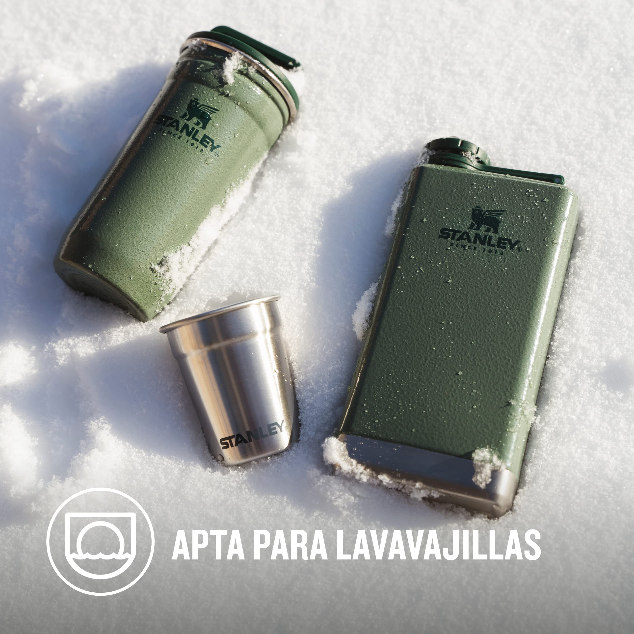 Stanley 1913 Adventure Pre-Party Vasos de Chupito + Petaca Set Hammertone Green - Acero Inoxidable Sin BPA - Petaca de Acero Inoxidable - Set de regalo - Apto Para Lavavajillas